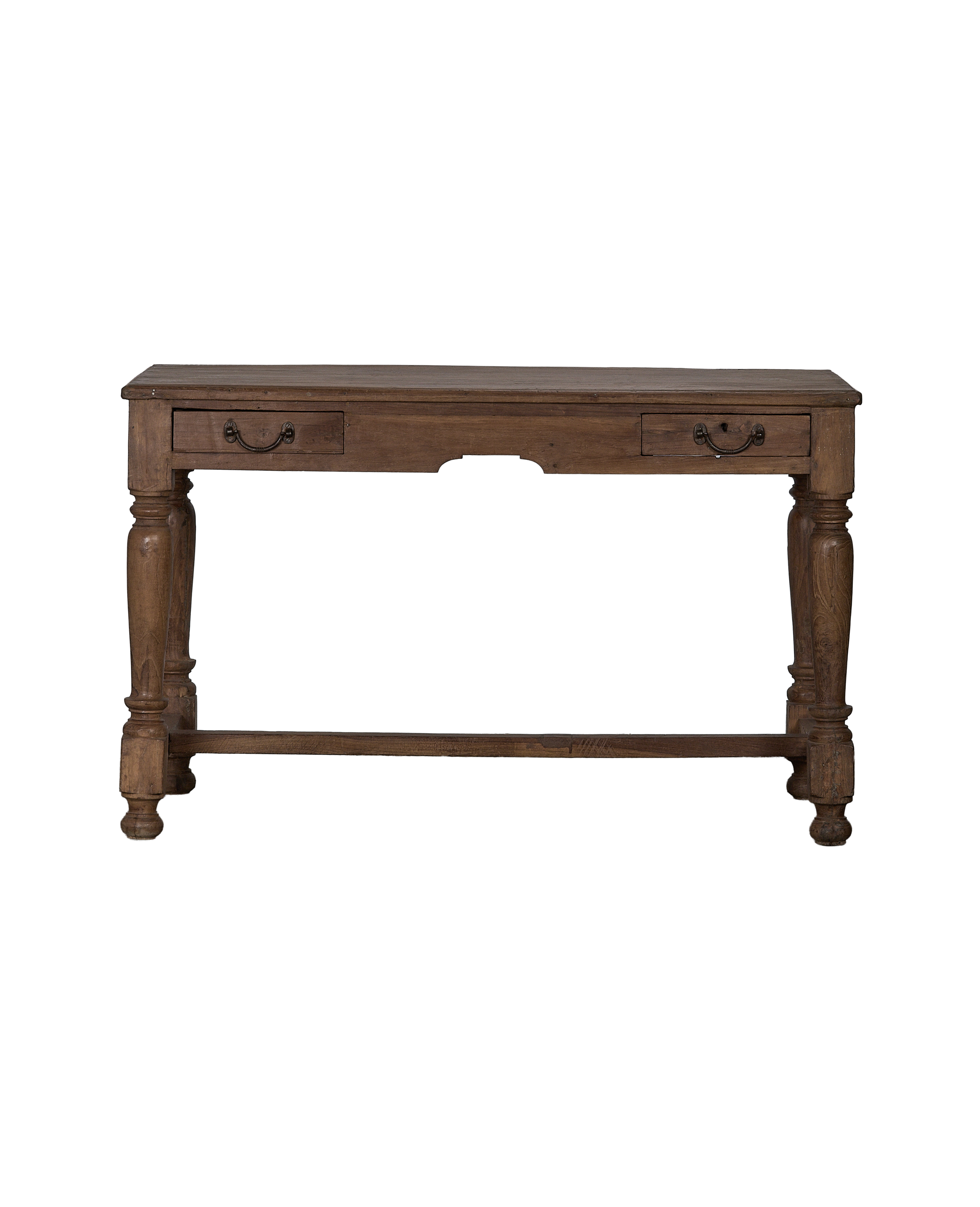 Vintage Indian oak wood desk with two drawers and turned legs.