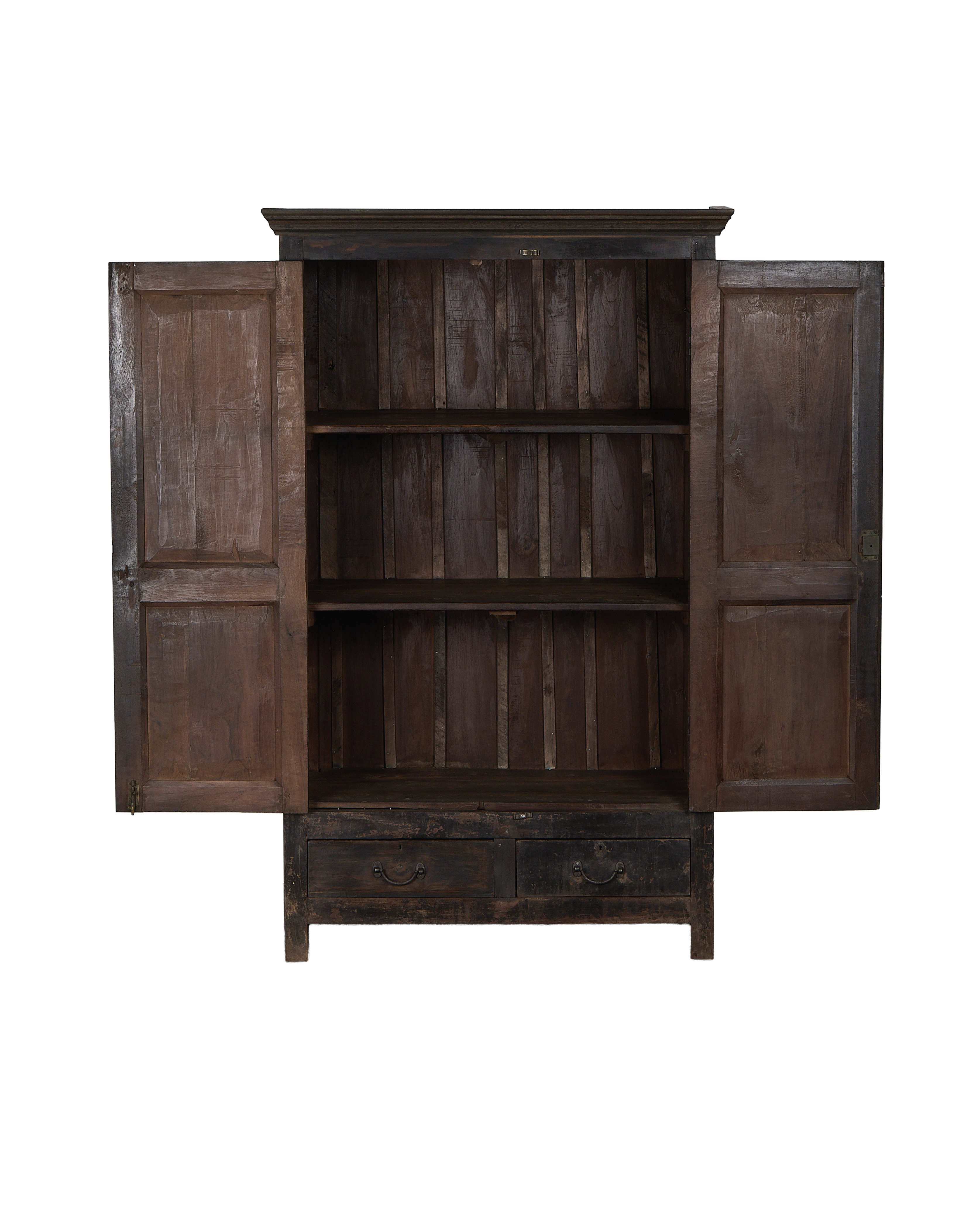 Vintage Indian oak cabinet doors open, revealing two internal shelves and lower drawers.