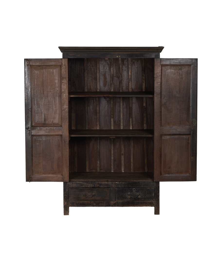 Vintage Indian oak cabinet doors open, revealing two internal shelves and lower drawers.