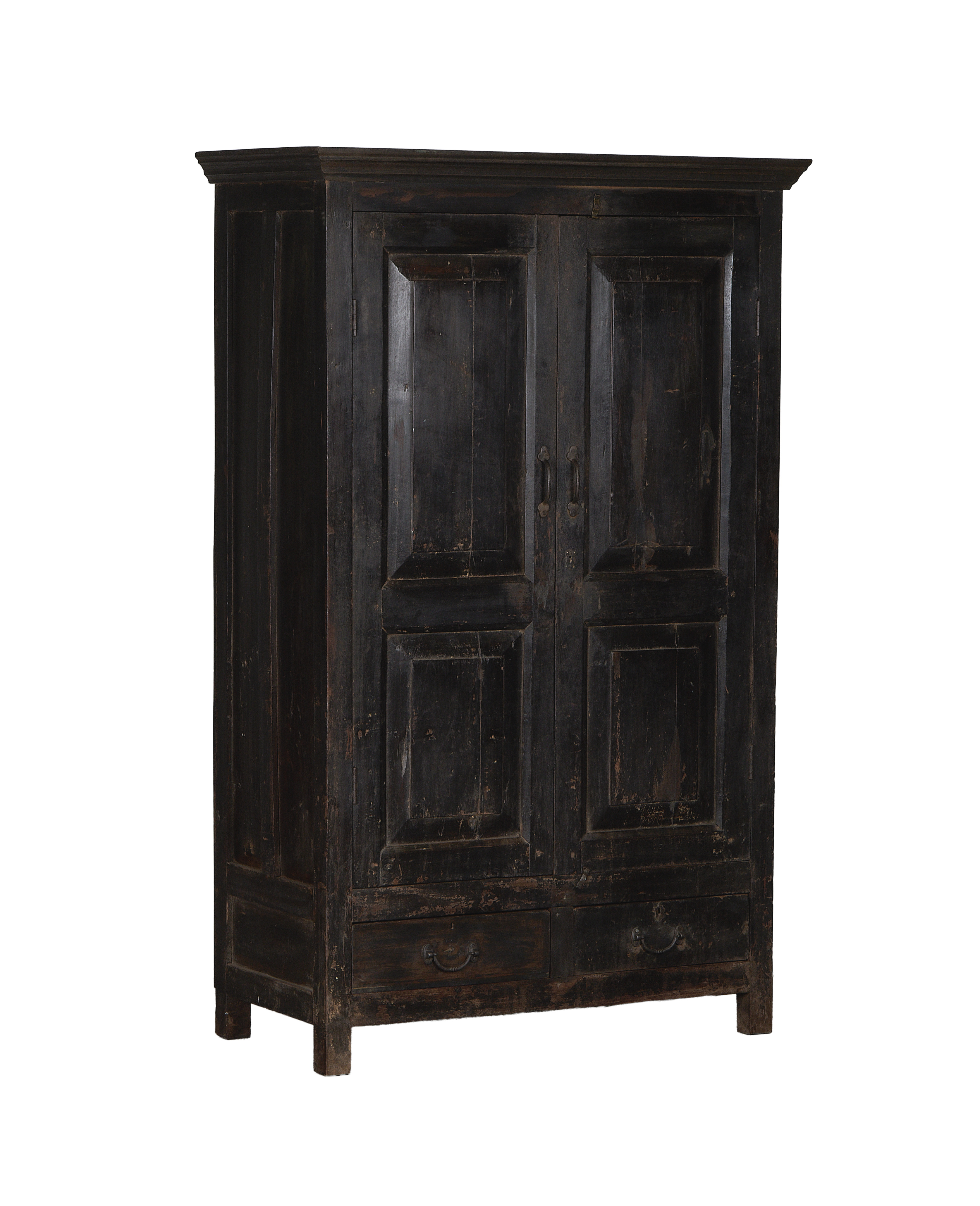 Vintage Indian oak wood cabinet, distressed black stained finish, displaying two cabinet doors and two drawers.