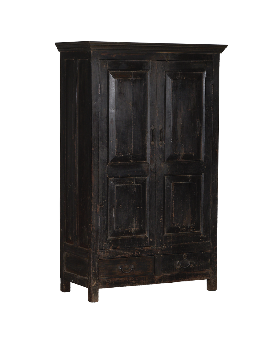 Vintage Indian oak wood cabinet, distressed black stained finish, displaying two cabinet doors and two drawers.