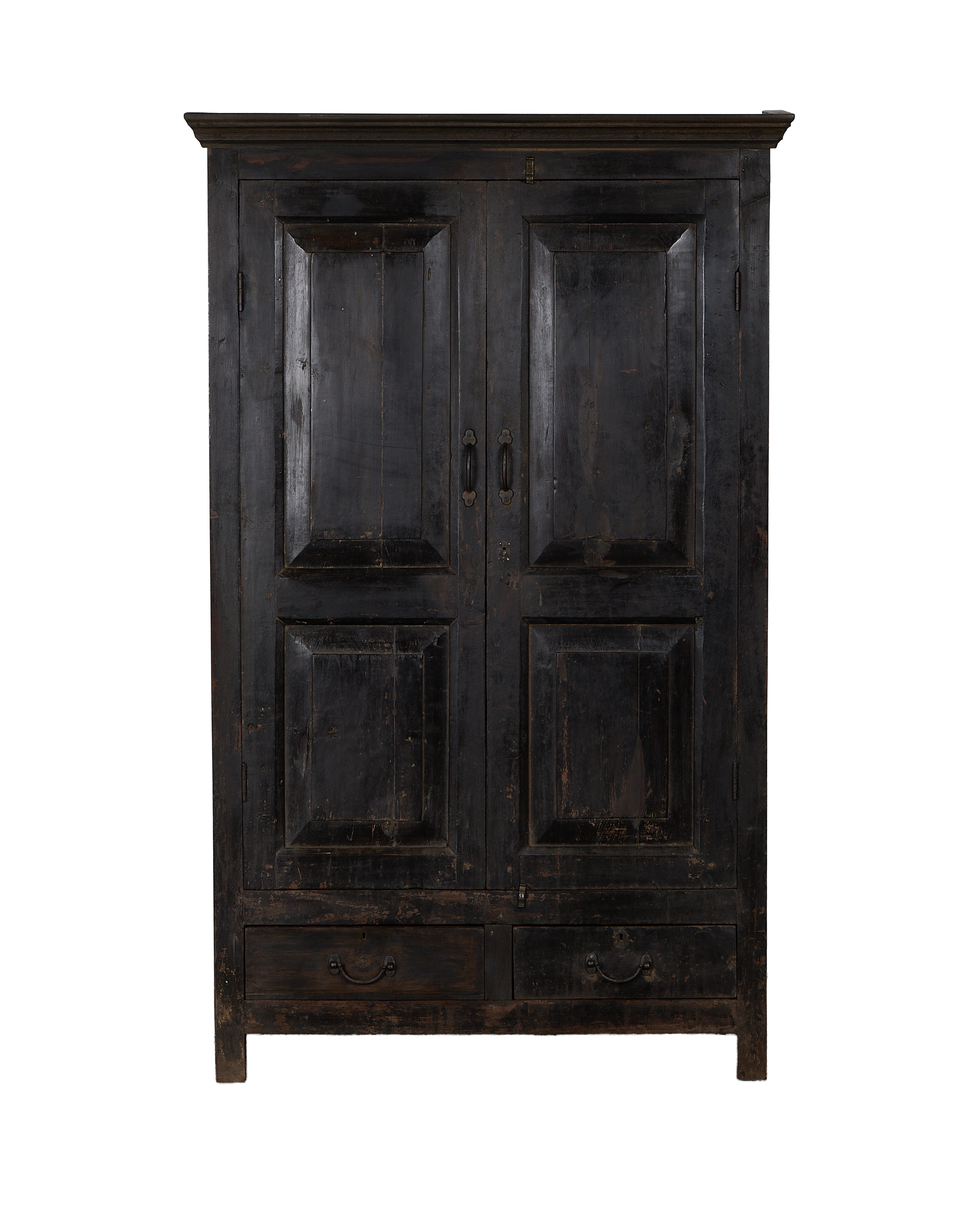 Vintage Indian oak wood cabinet, dark stained, with two panel doors and two lower drawers.