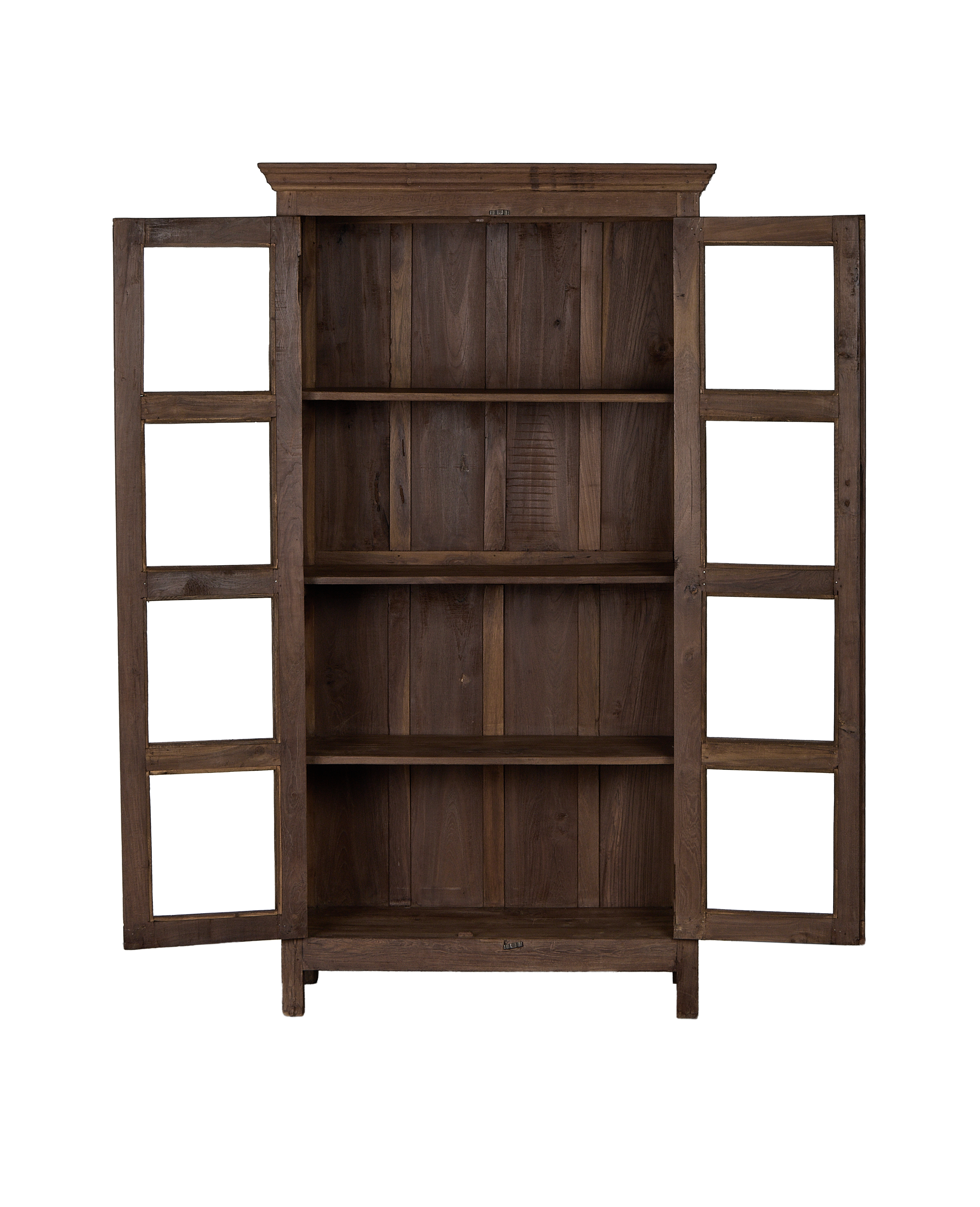 Vintage Indian oak wood cabinet with open doors, revealing natural planked shelves.