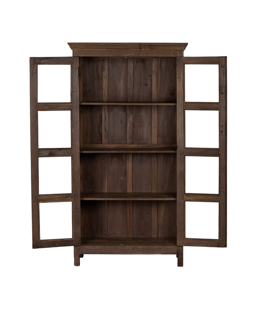 Vintage Indian oak wood cabinet with open doors, revealing natural planked shelves.