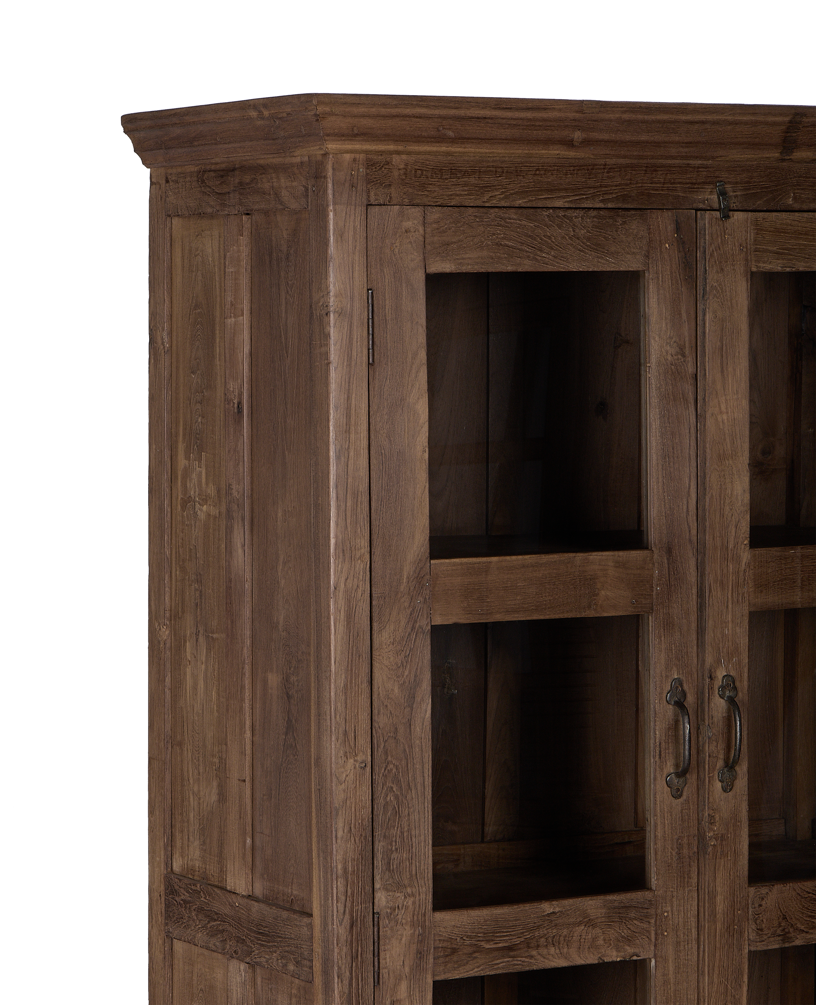 Vintage Indian oak cabinet details: weathered natural wood finish, glass doors, and dark metal handles.
