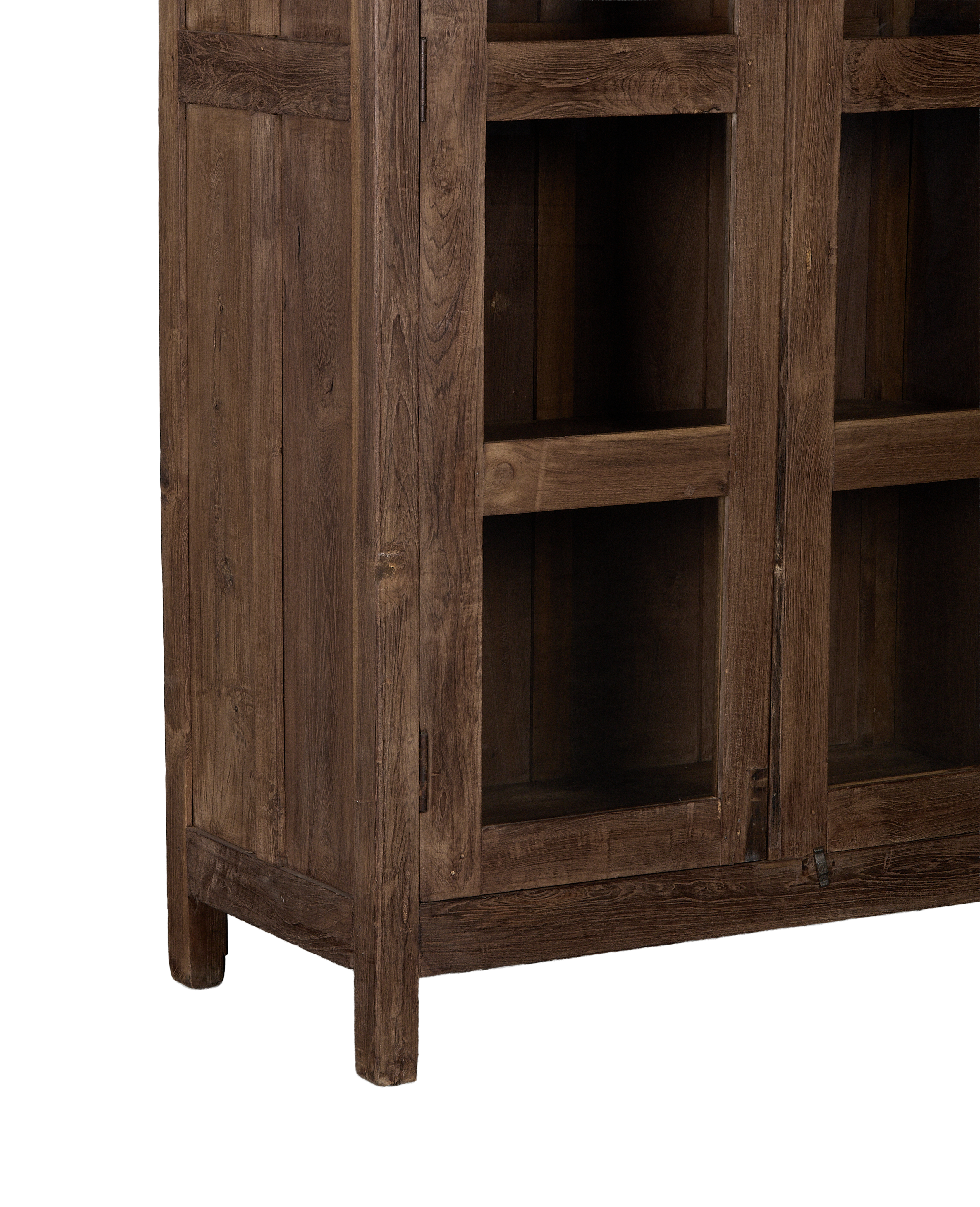 Vintage Indian oak wood cabinet, close-up of natural weathered texture and exposed joinery details.