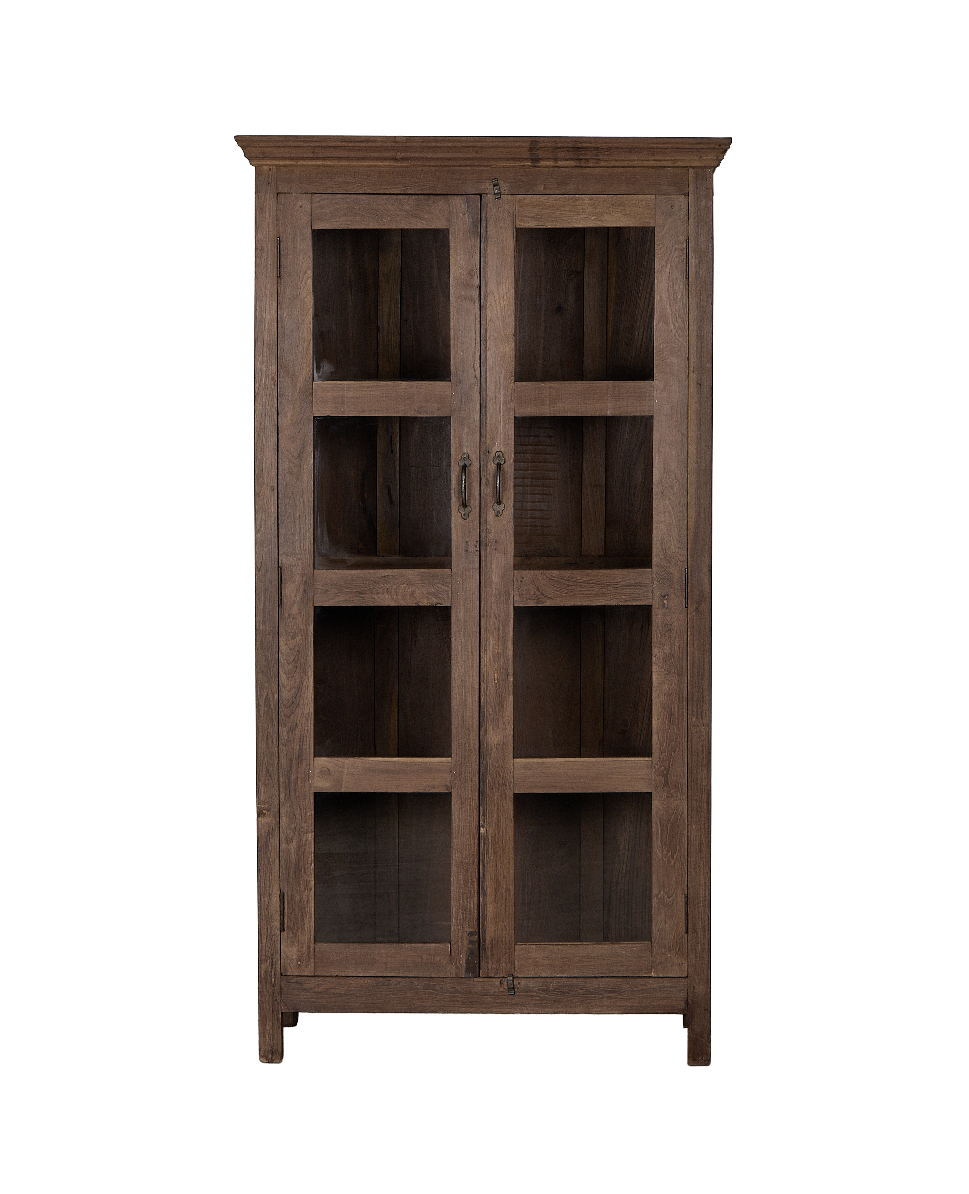Vintage Indian natural oak wood cabinet, two glass-paneled doors, aged brass hardware.