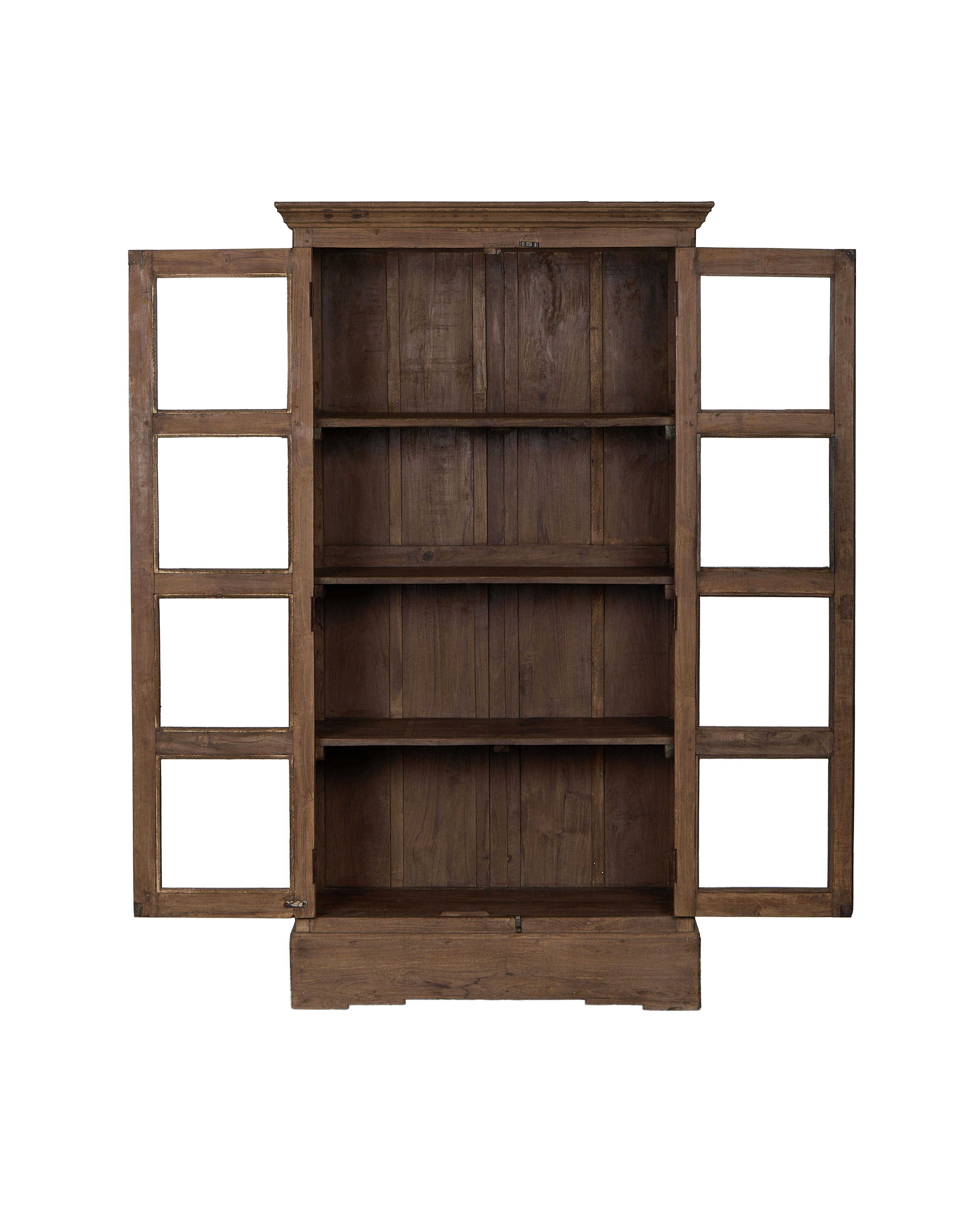 Vintage natural oak Indian cabinet with both panel doors fully open, revealing interior shelves.