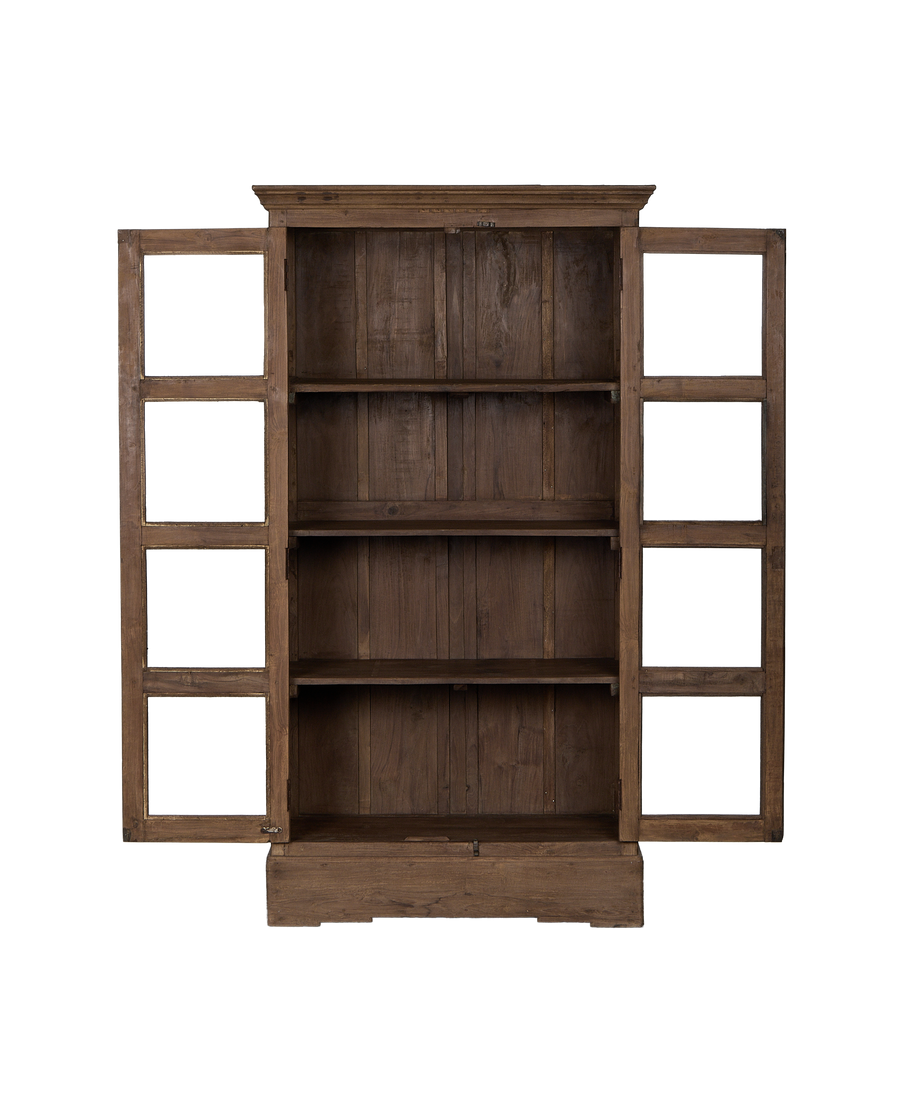 Vintage natural oak Indian cabinet with both panel doors fully open, revealing interior shelves.