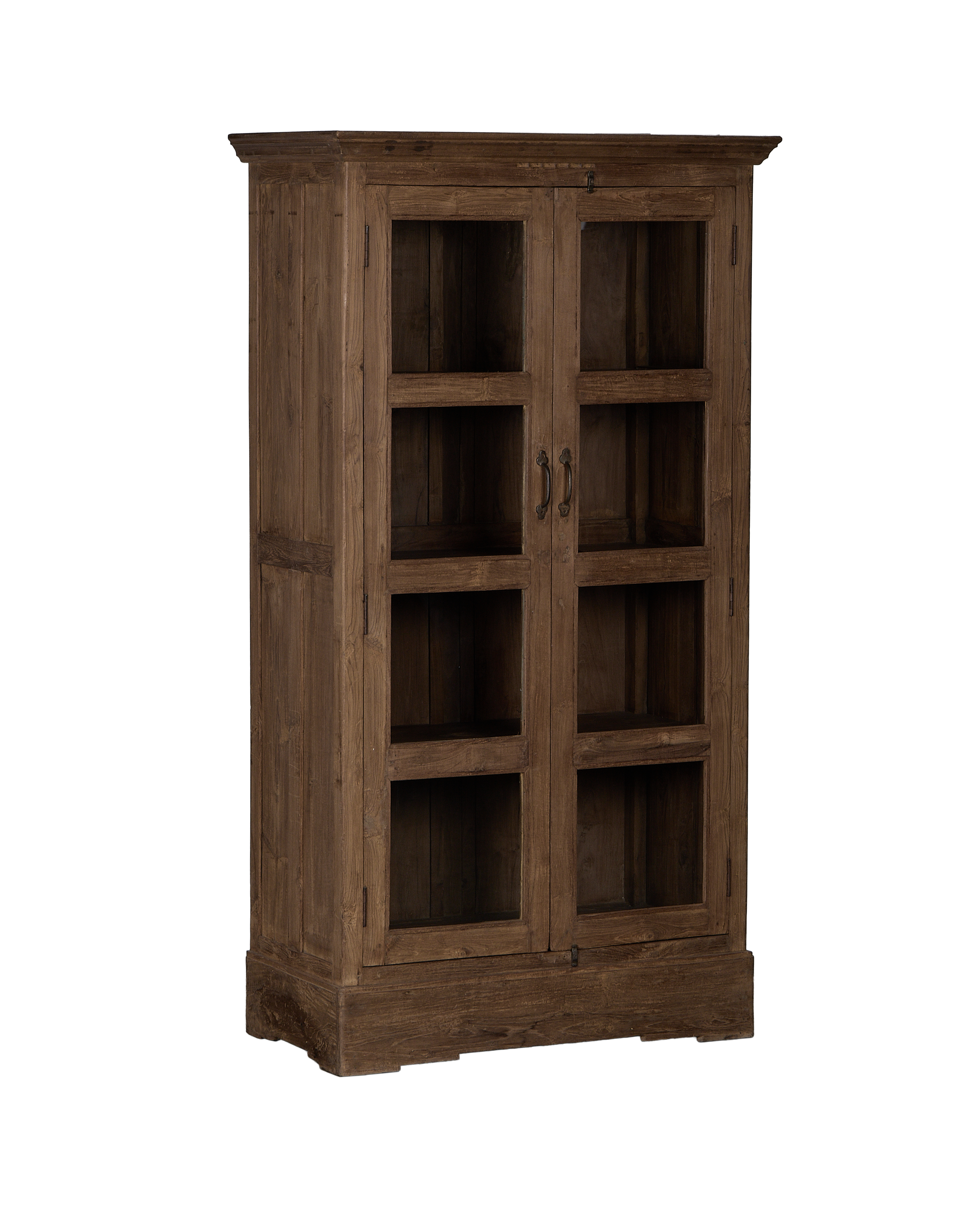 Vintage natural oak wooden cabinet from India, showing sturdy frame and glass pane details.