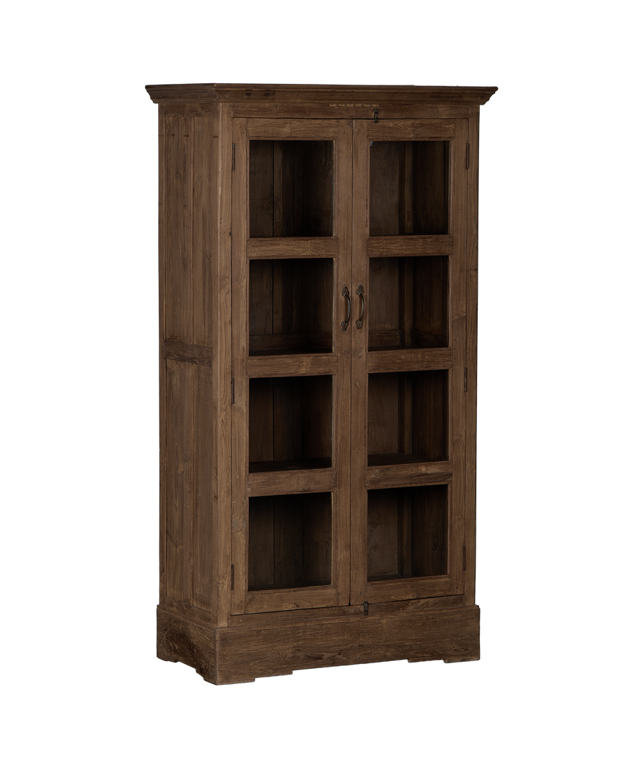 Vintage natural oak wooden cabinet from India, showing sturdy frame and glass pane details.
