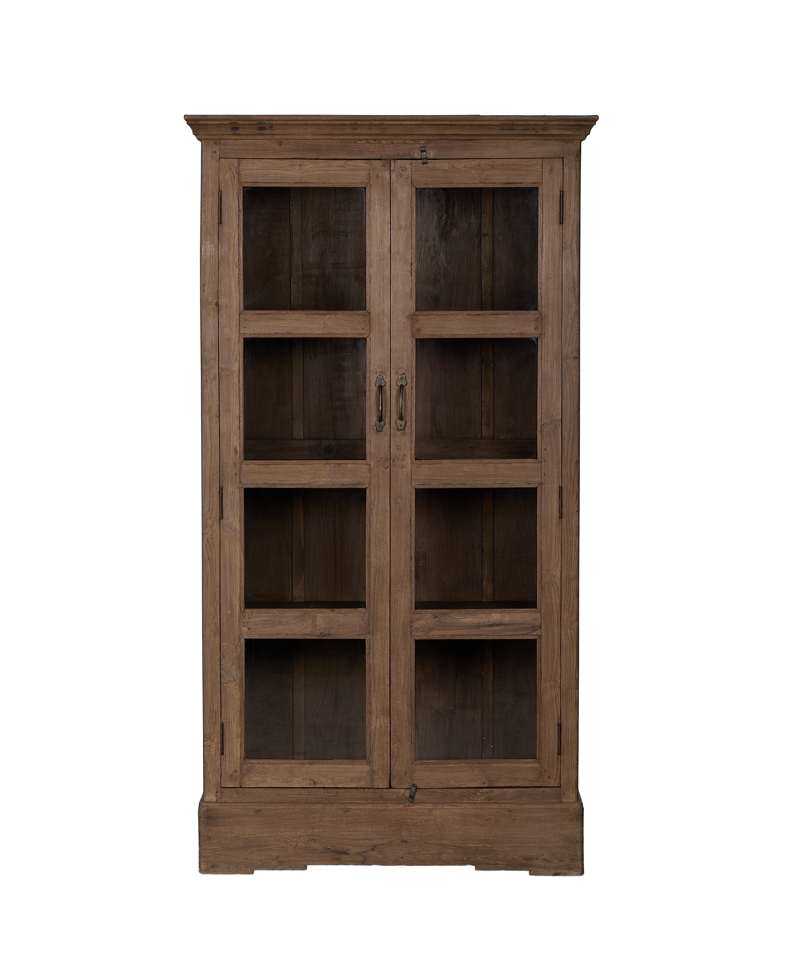 Vintage Indian oak wood cabinet, natural finish, featuring two glass-paned doors and antique handles.