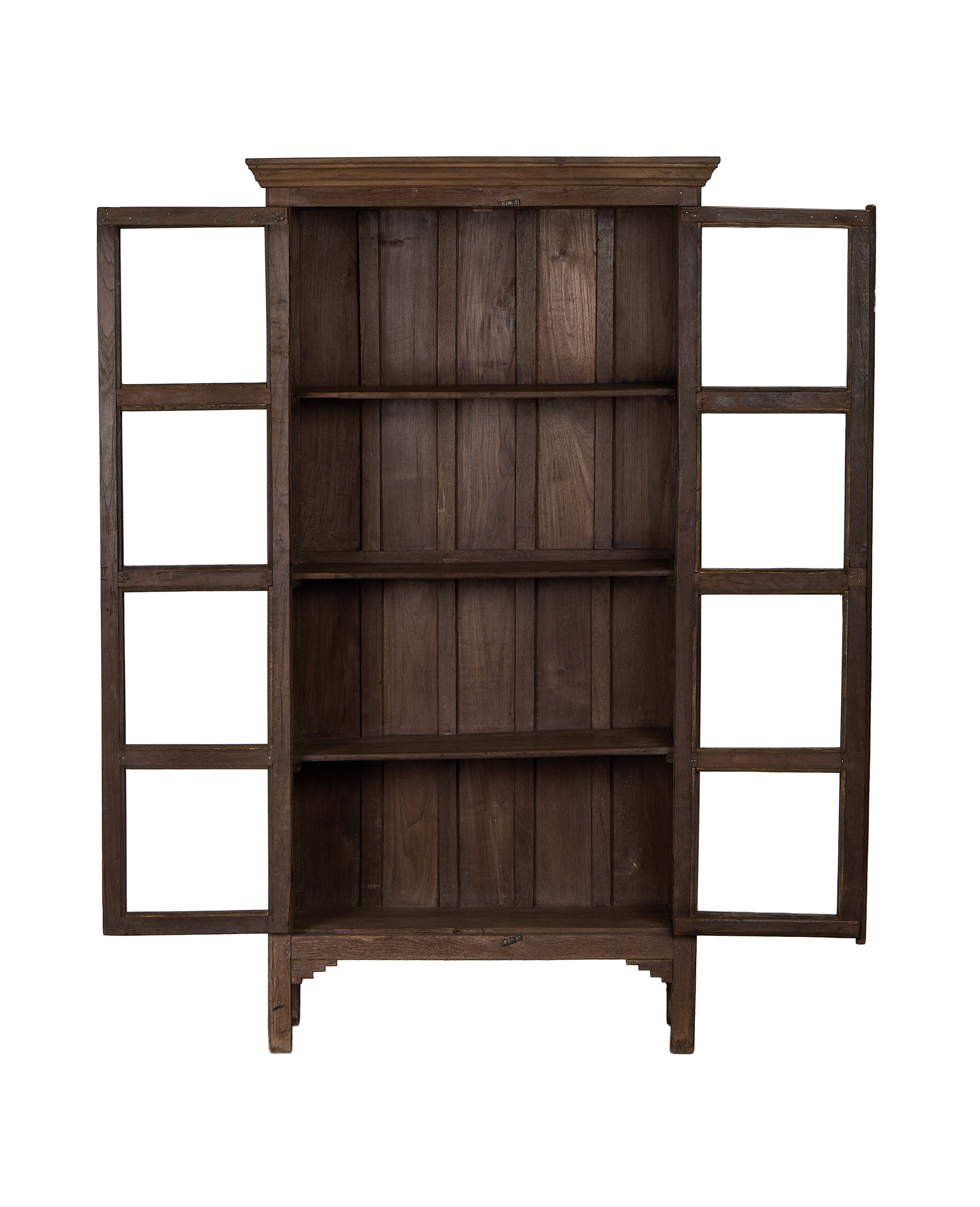 Vintage Indian oak cabinet, doors open revealing natural wooden interior shelving.