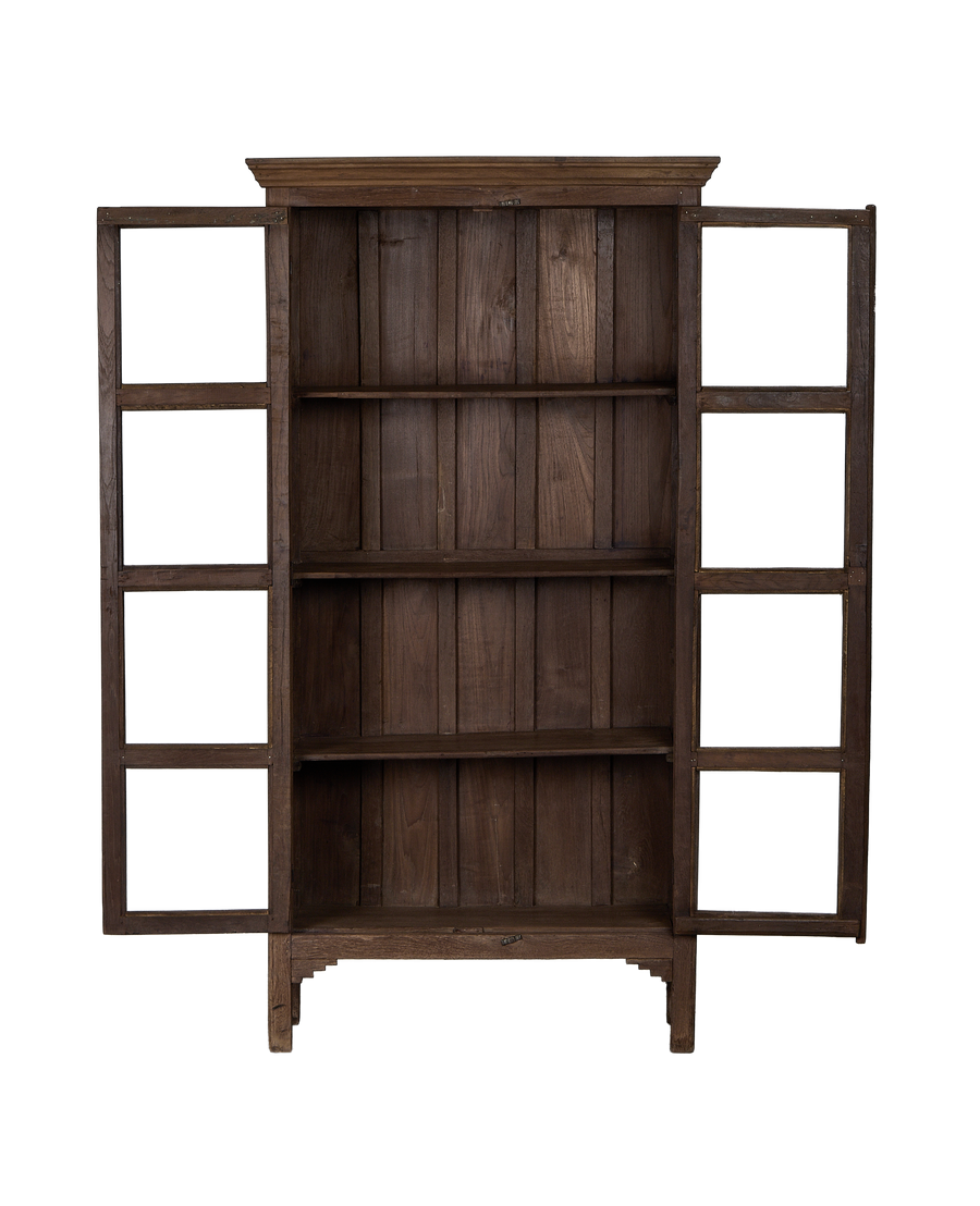 Vintage Indian oak cabinet, doors open revealing natural wooden interior shelving.
