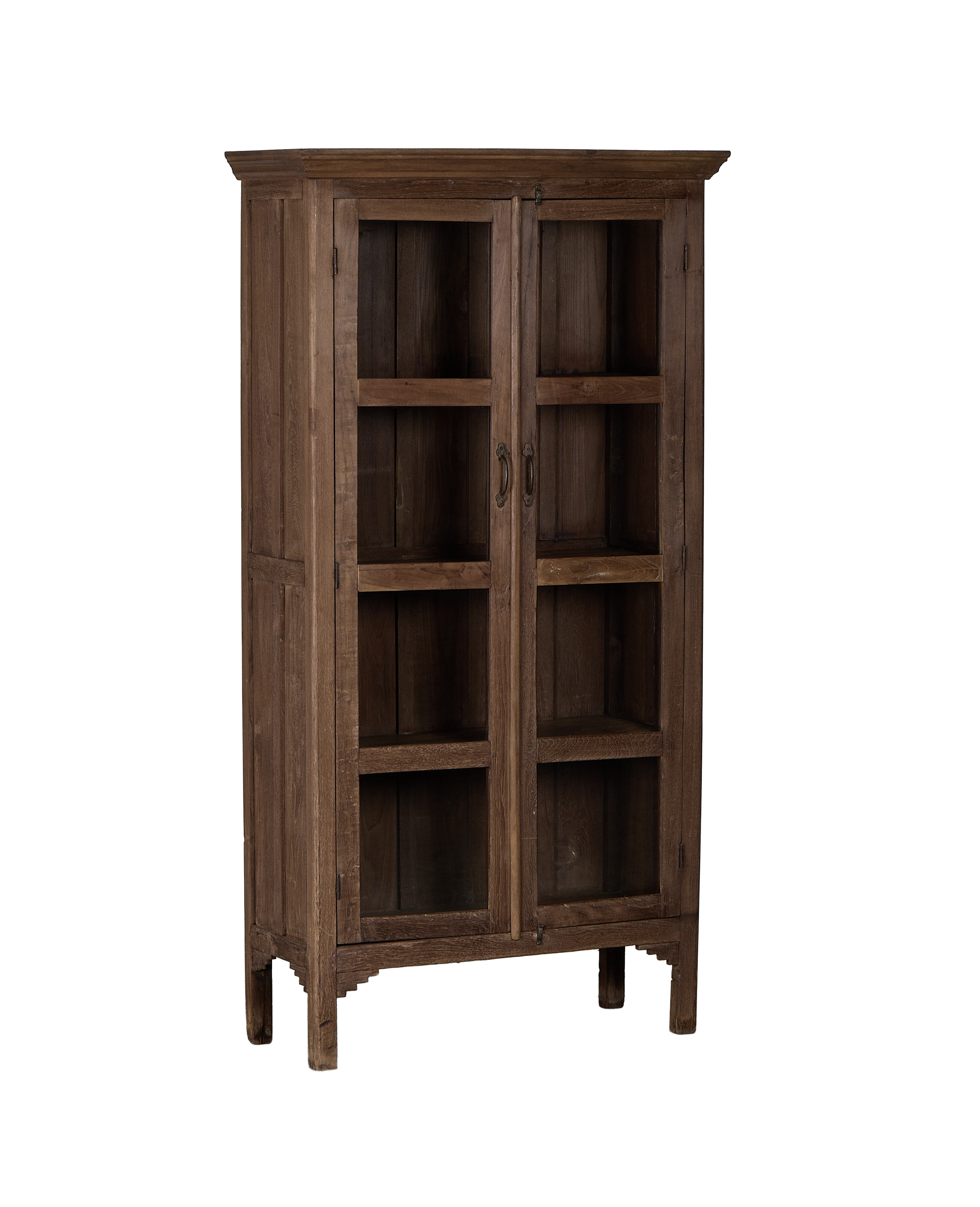 Vintage Indian natural oak wood cabinet, two glass doors, dark metal hardware.