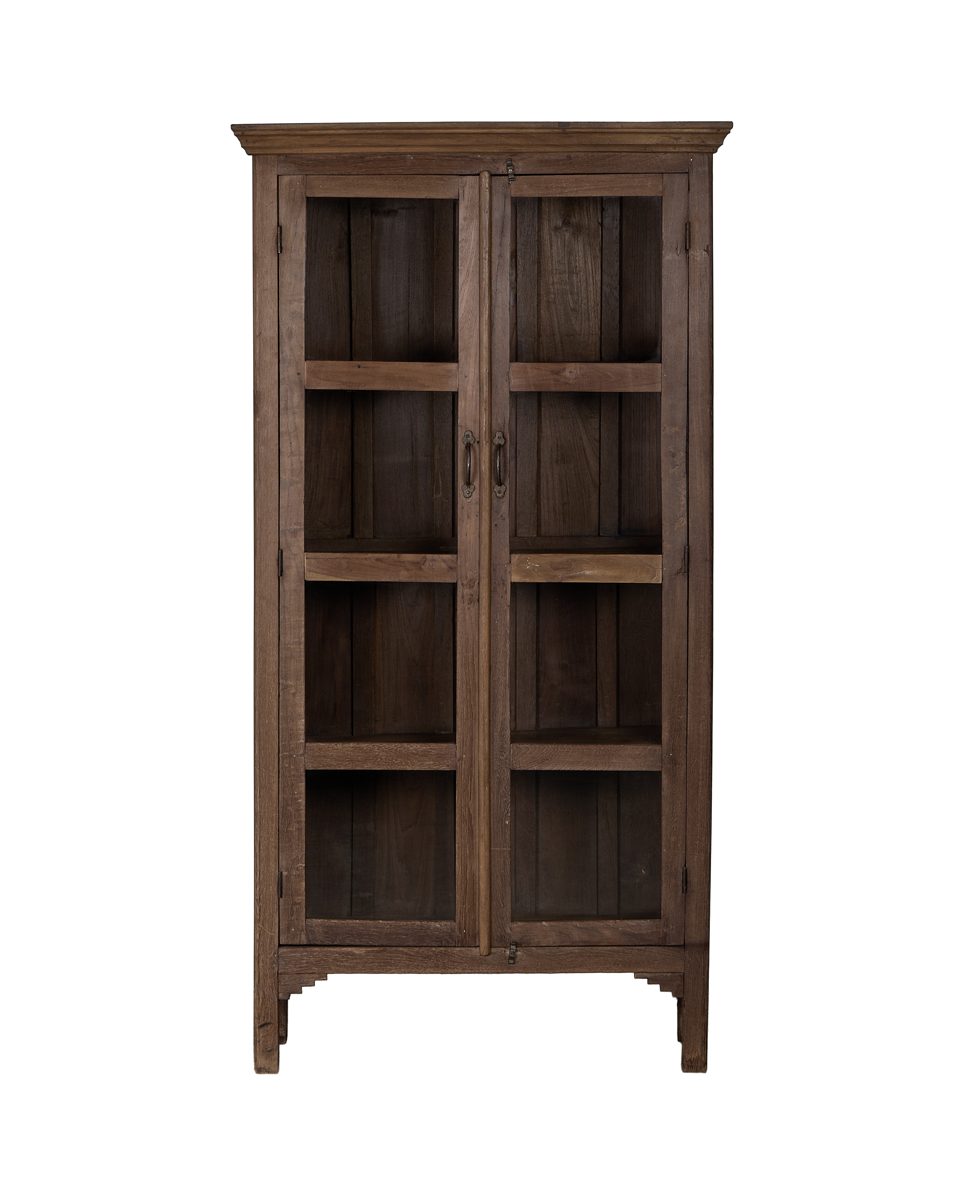 Vintage Indian oak wood cabinet, rustic natural finish, full front view.