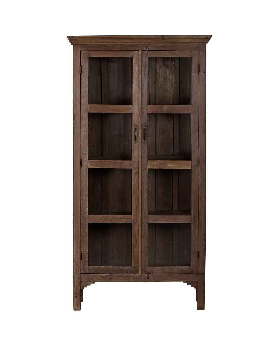 Vintage Indian oak wood cabinet, rustic natural finish, full front view.