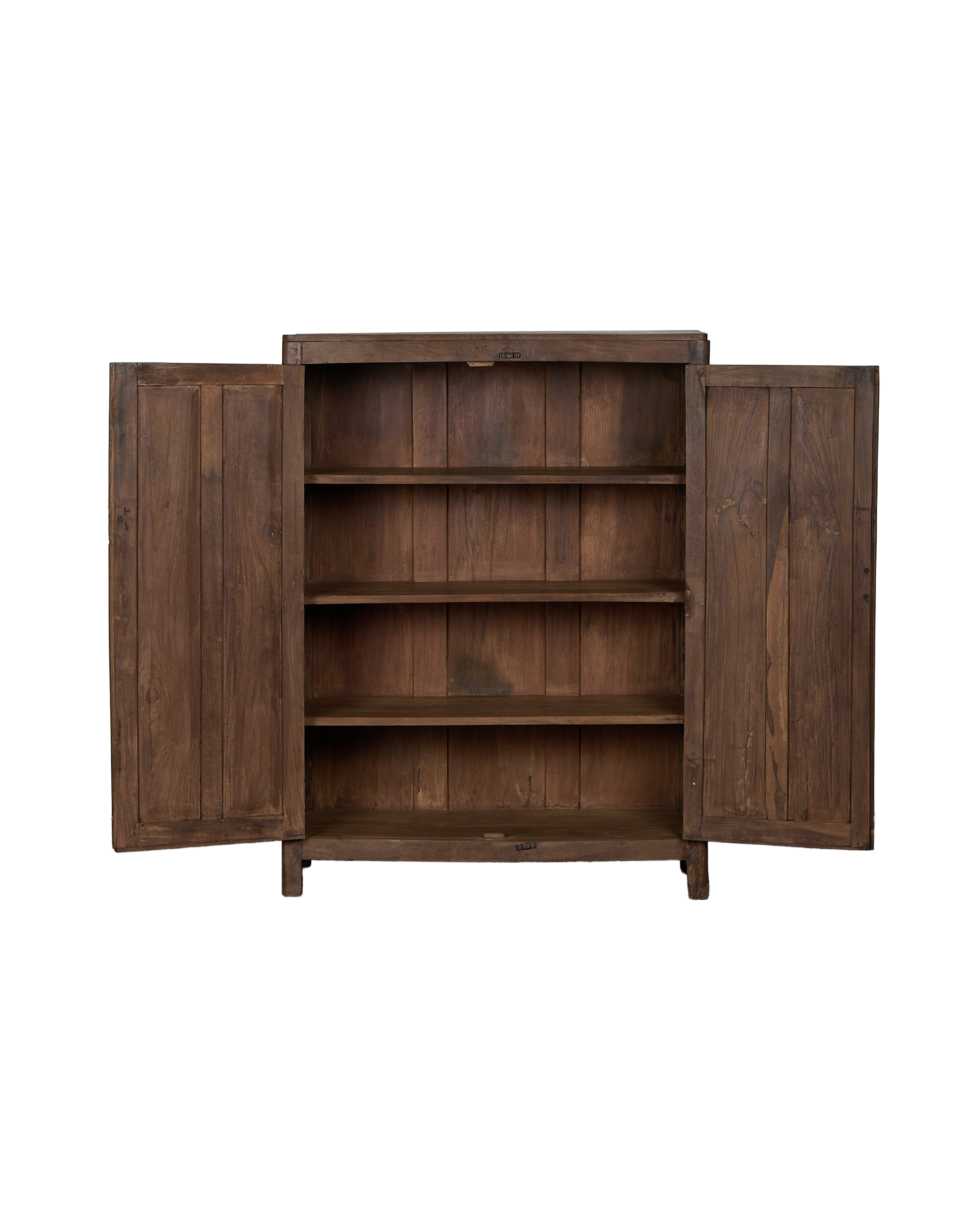 Vintage Indian oak cabinet, doors open, revealing four natural wood interior shelves.