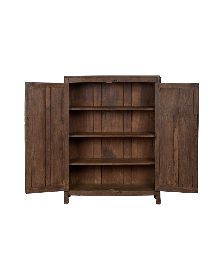 Vintage Indian oak cabinet, doors open, revealing four natural wood interior shelves.