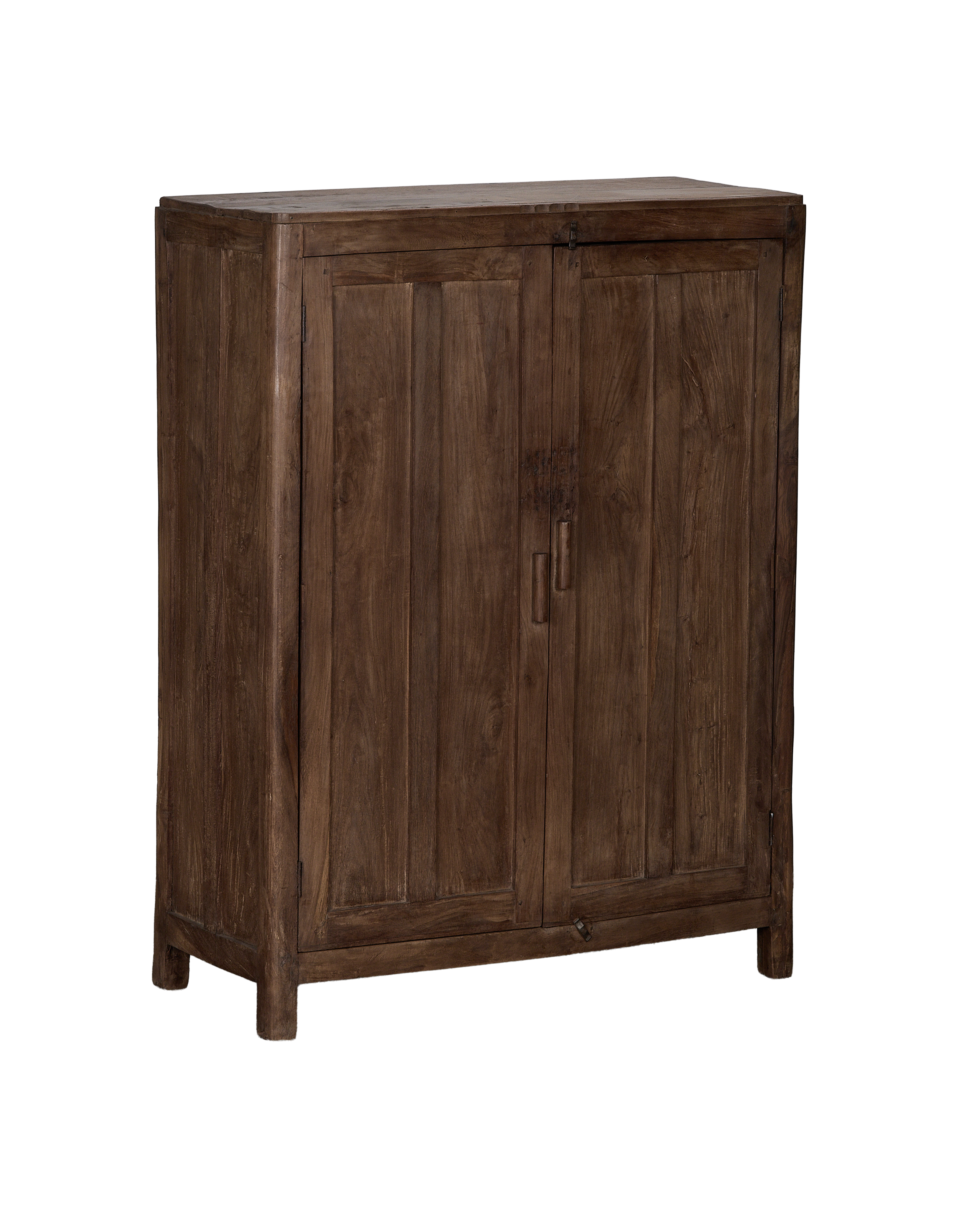 Rustic vintage Indian oak cabinet, natural wood finish, showing full front and side.