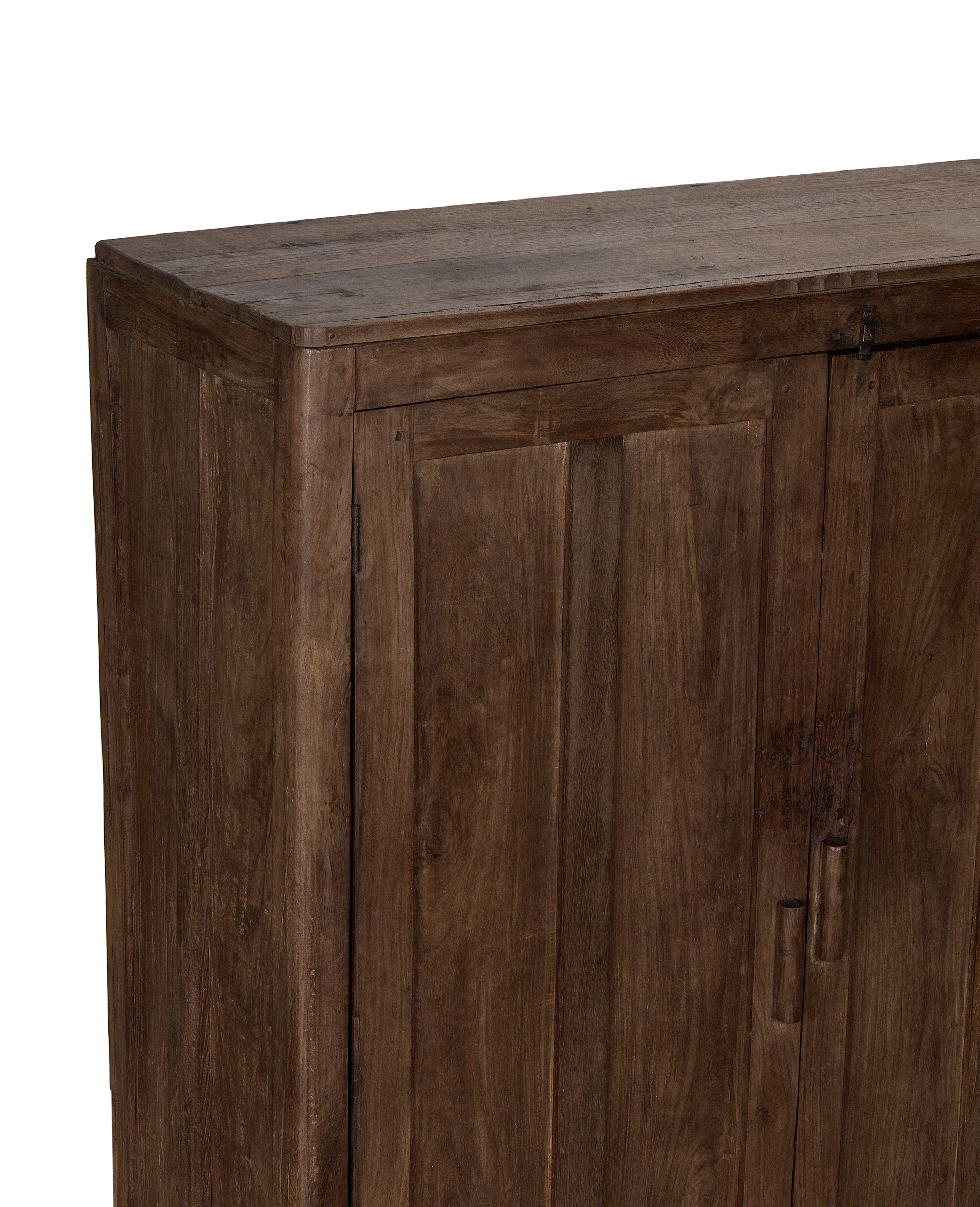 Close-up of the vintage Indian oak wood cabinet's natural grain and distressed finish.