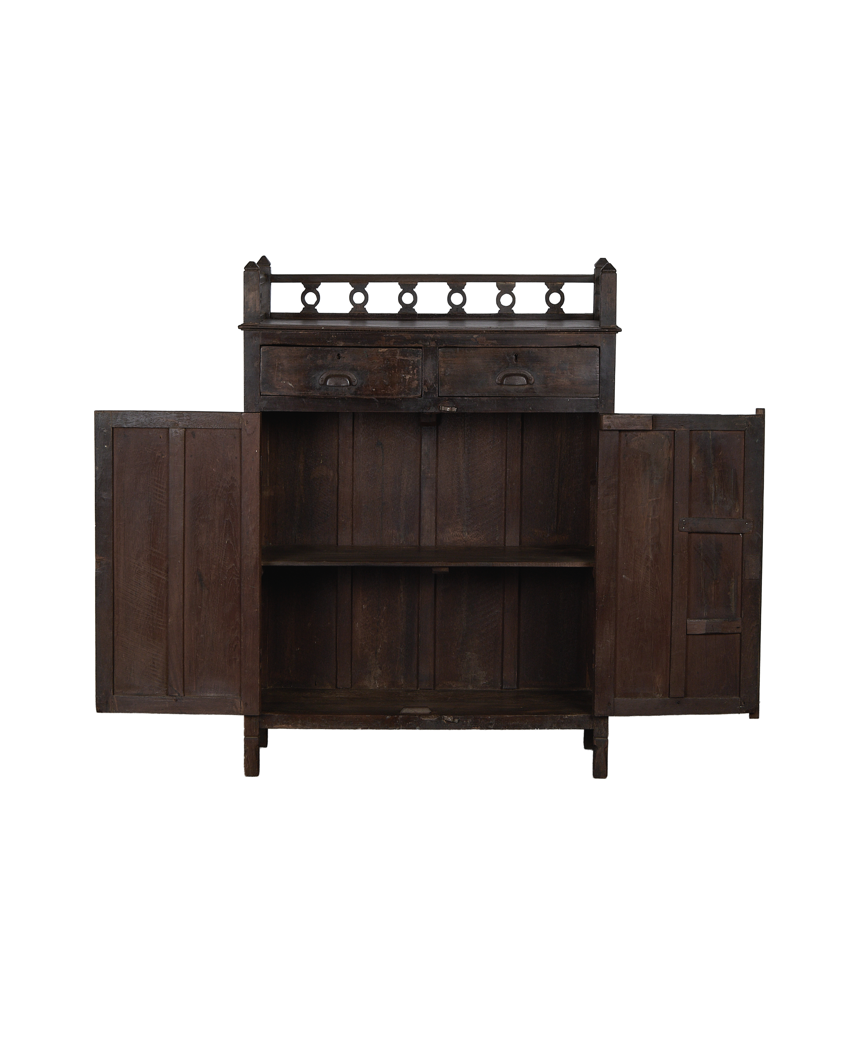 Vintage Indian oak cabinet, doors open revealing internal shelving and drawers.