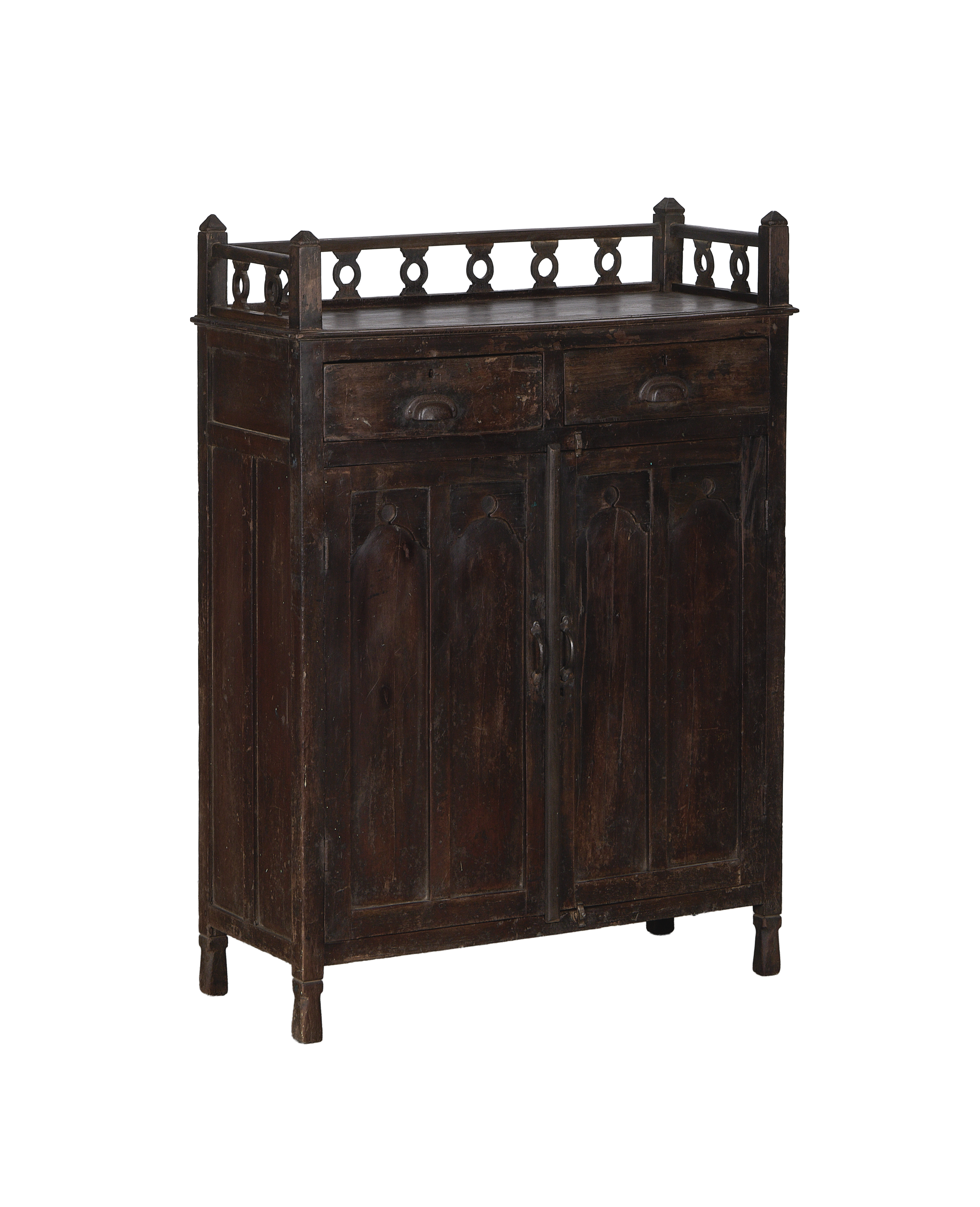 Vintage Indian oak cabinet, full frontal view, showing openwork top gallery and two drawers.