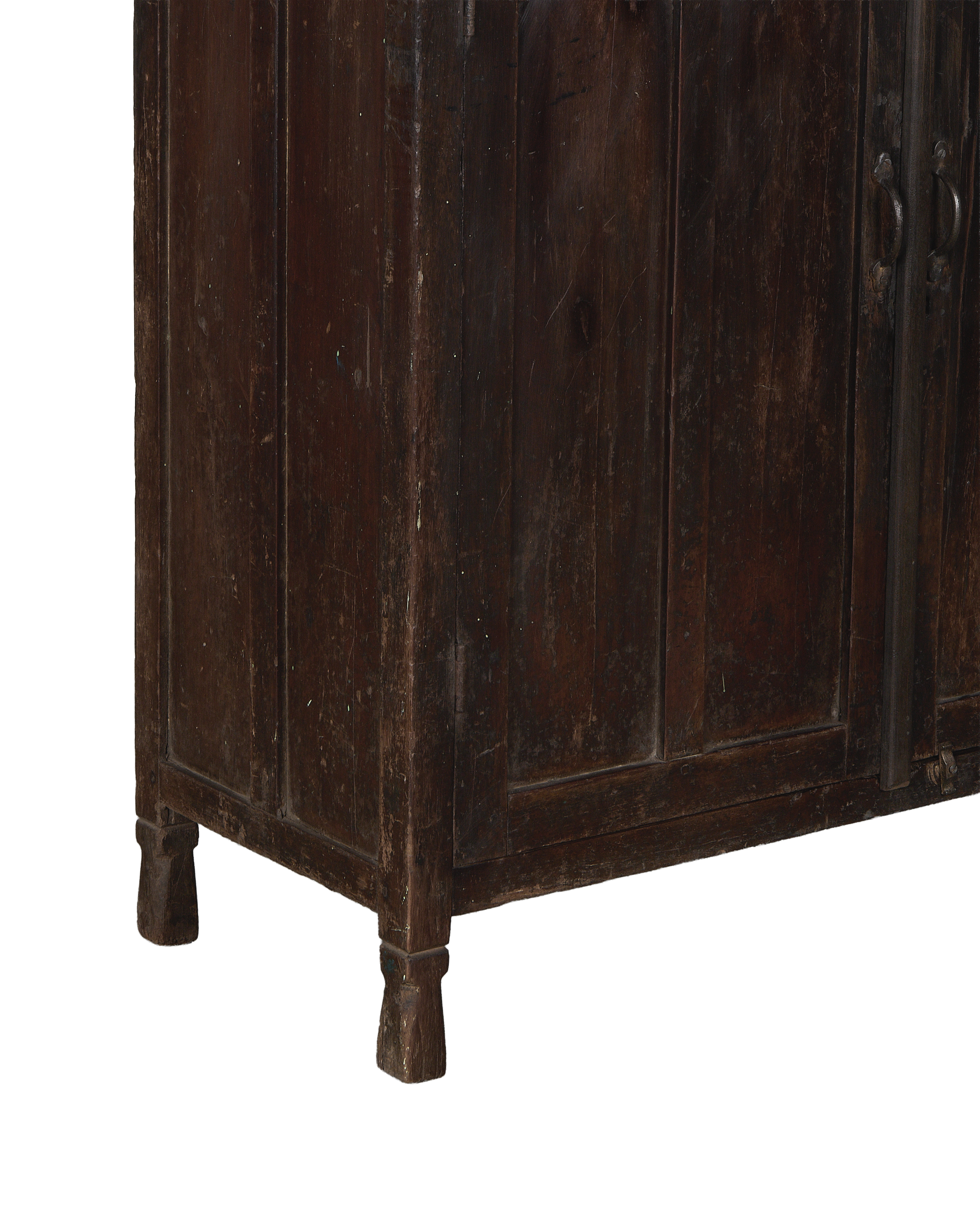 Vintage Indian oak cabinet, distressed dark wood texture, and sturdy turned leg details.
