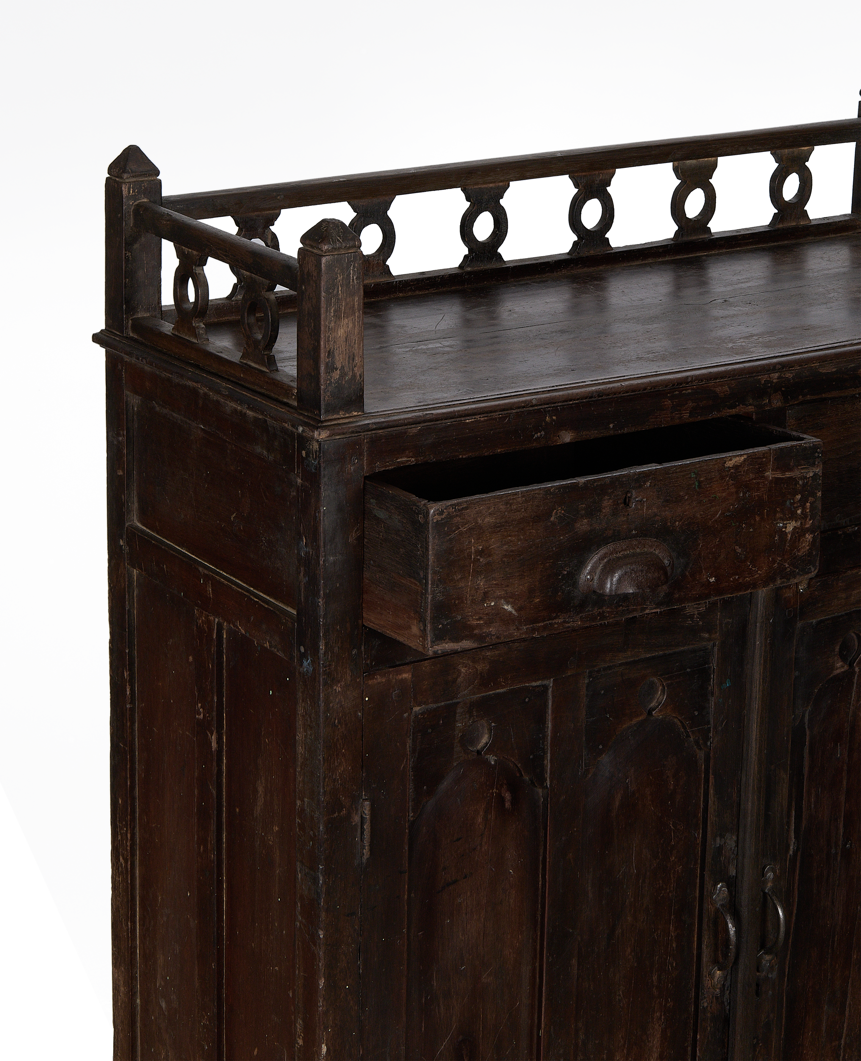 Vintage Indian OAK cabinet, showing an open drawer with a decorative rail top.