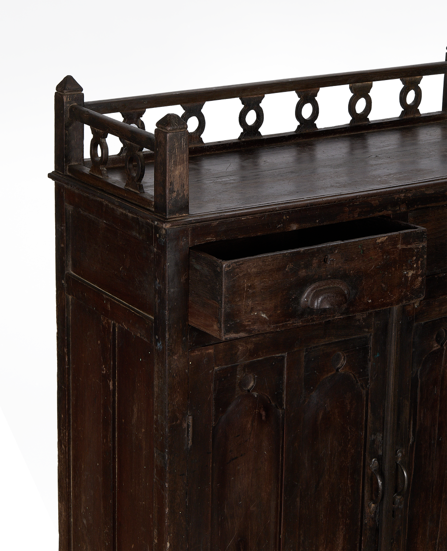 Vintage Indian OAK cabinet, showing an open drawer with a decorative rail top.