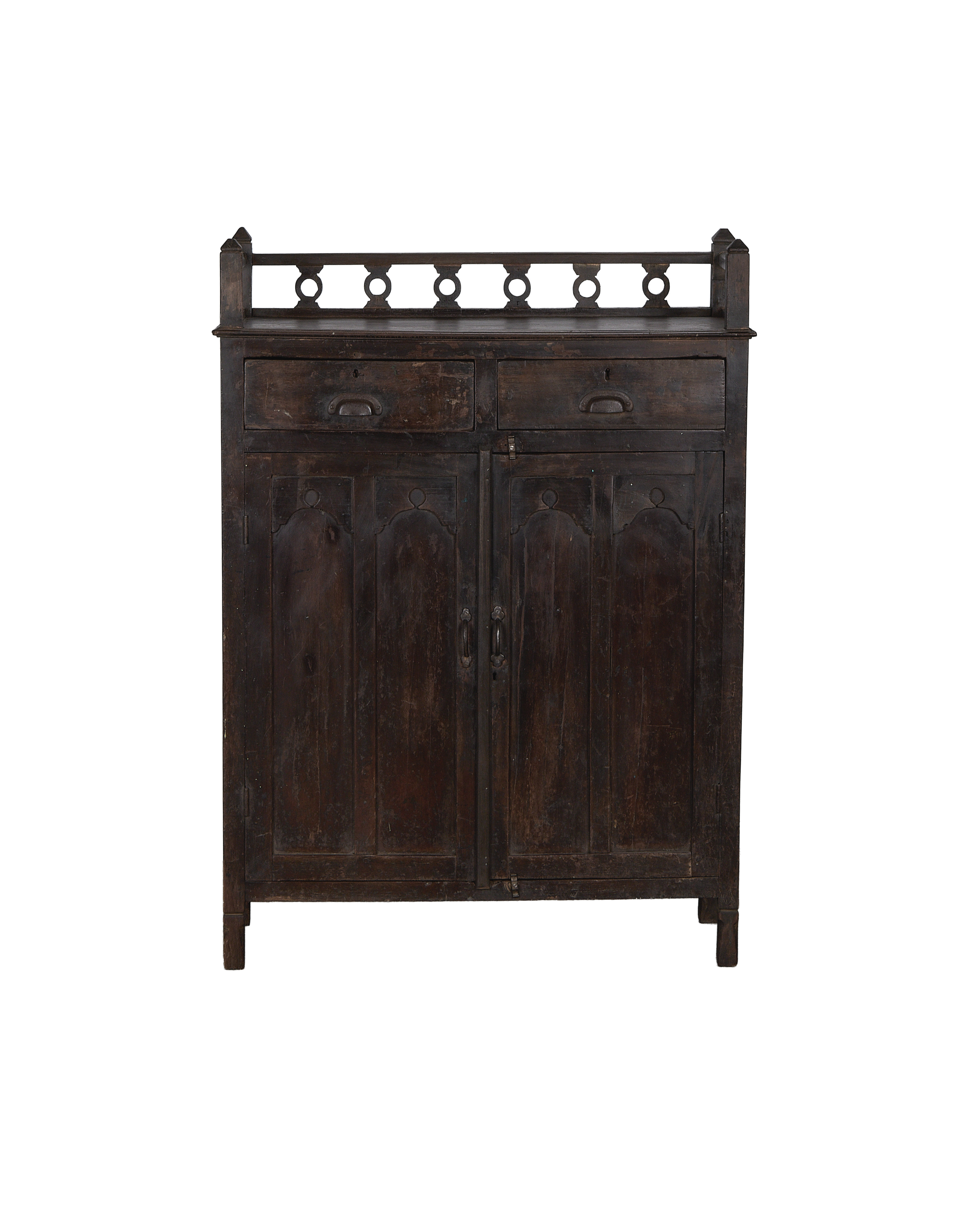 Vintage Indian oak cabinet, natural dark finish, two drawers, patterned top rail.