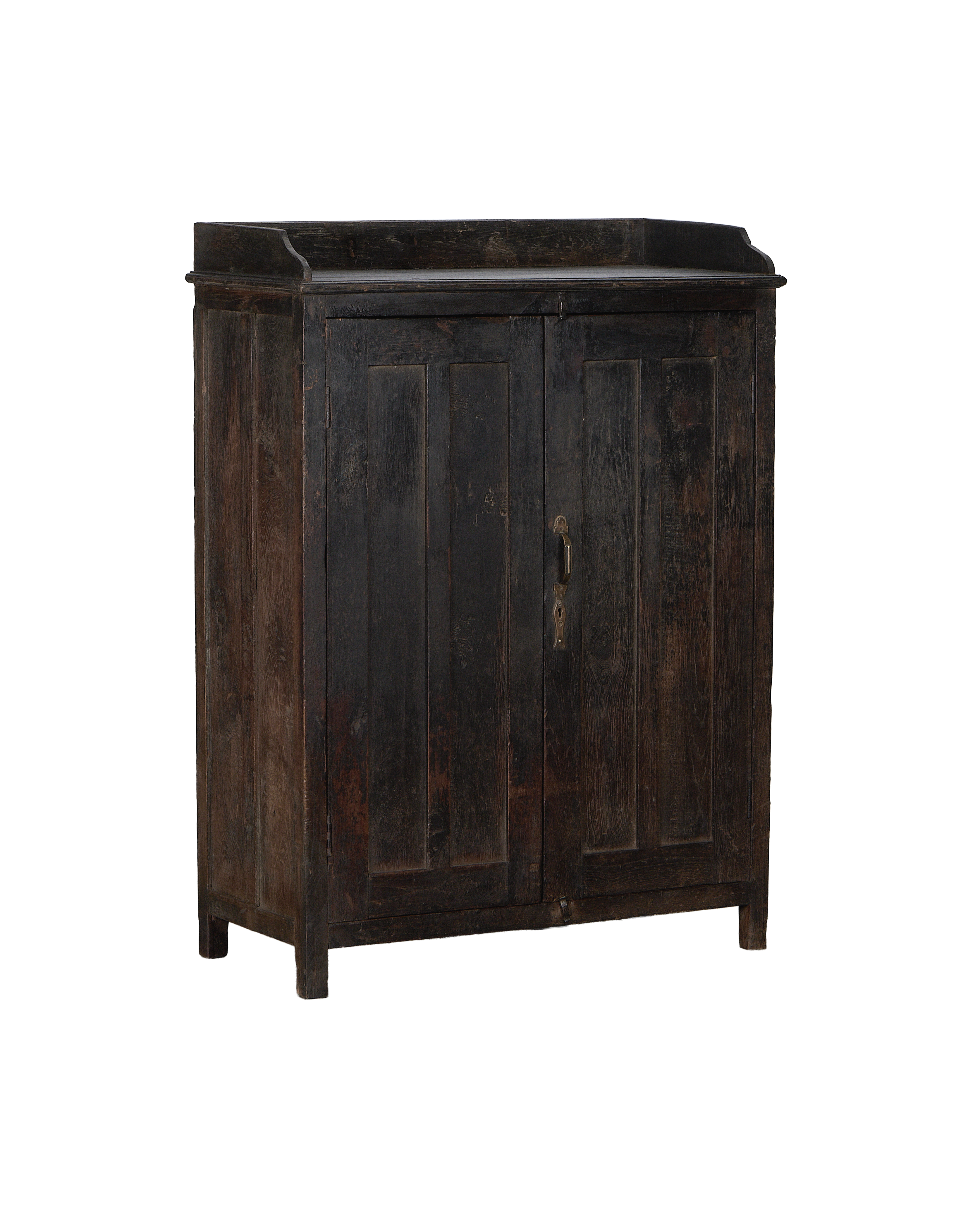 Vintage Indian oak wood cabinet, original worn dark stain and paneled doors.