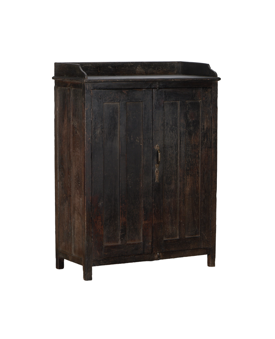 Vintage Indian oak wood cabinet, original worn dark stain and paneled doors.