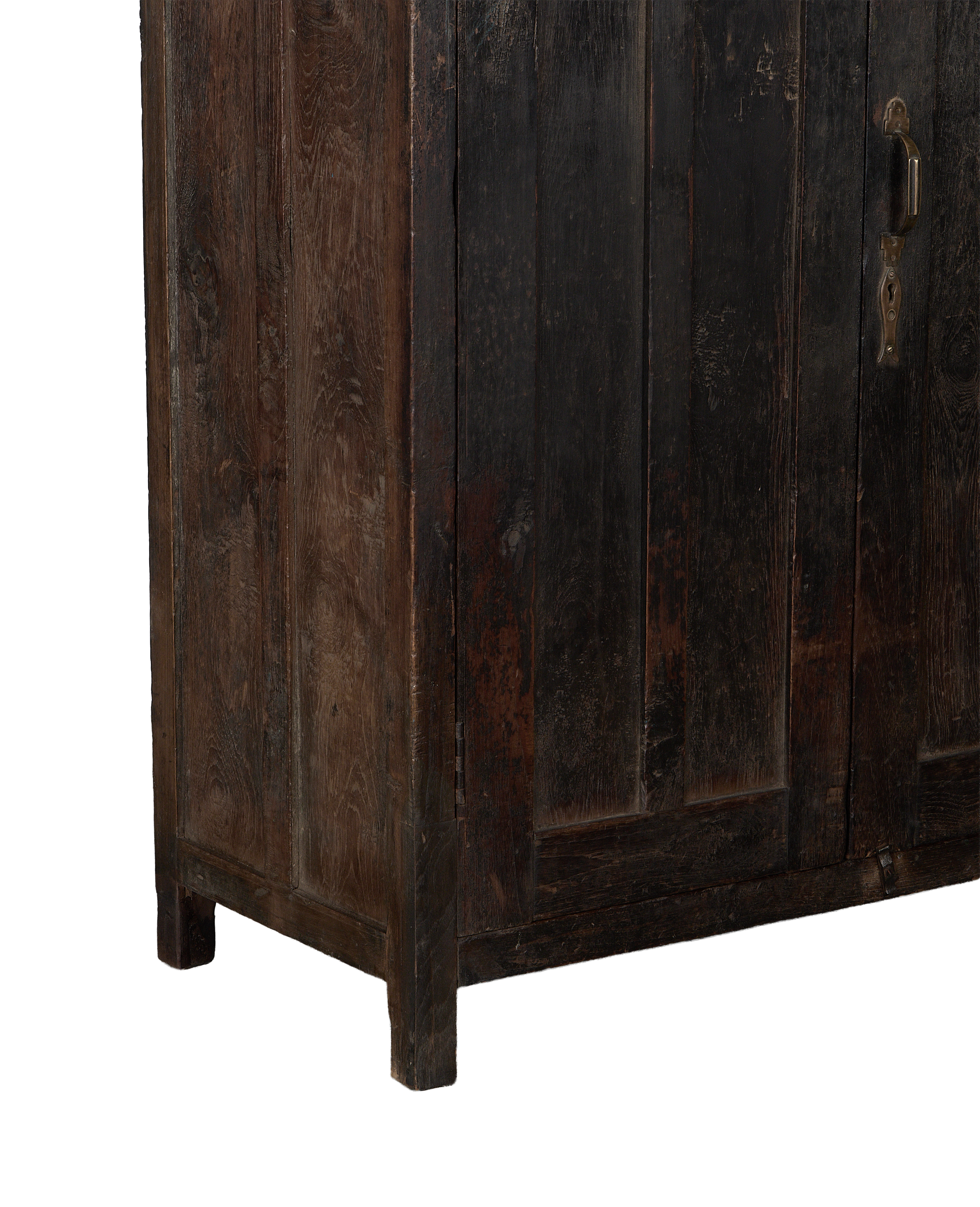 Vintage dark stain oak cabinet, weathered finish and brass handle detail.