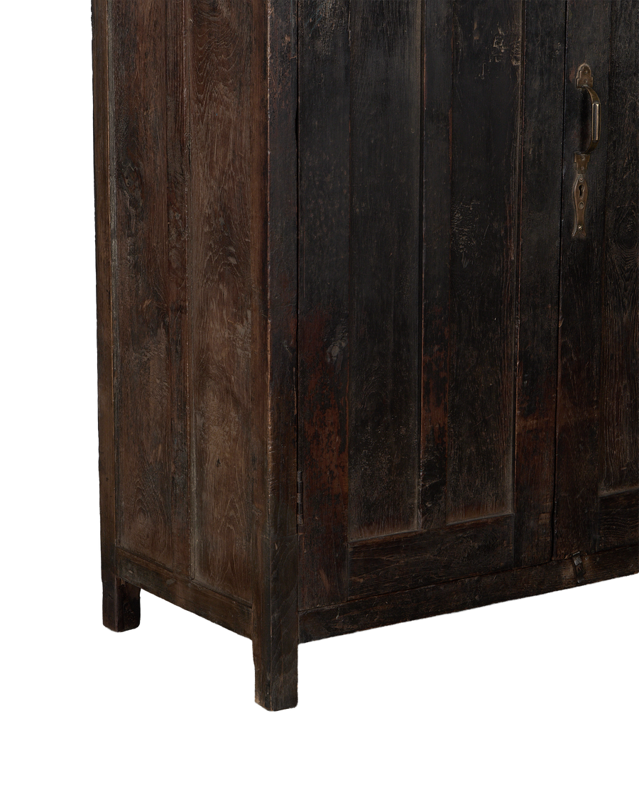 Vintage dark stain oak cabinet, weathered finish and brass handle detail.