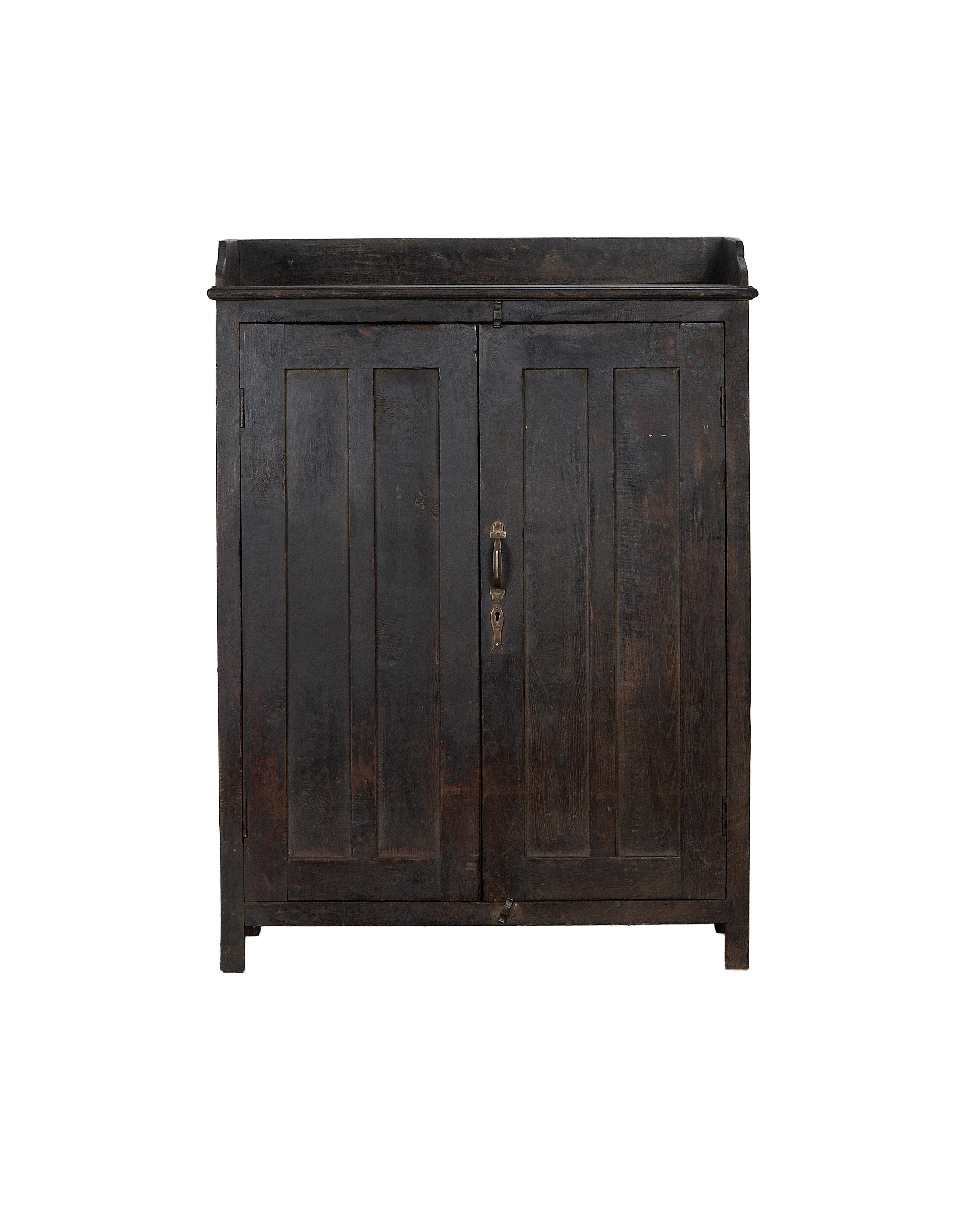 Vintage oak wood cabinet from India, stained dark with brass handle and keyhole.