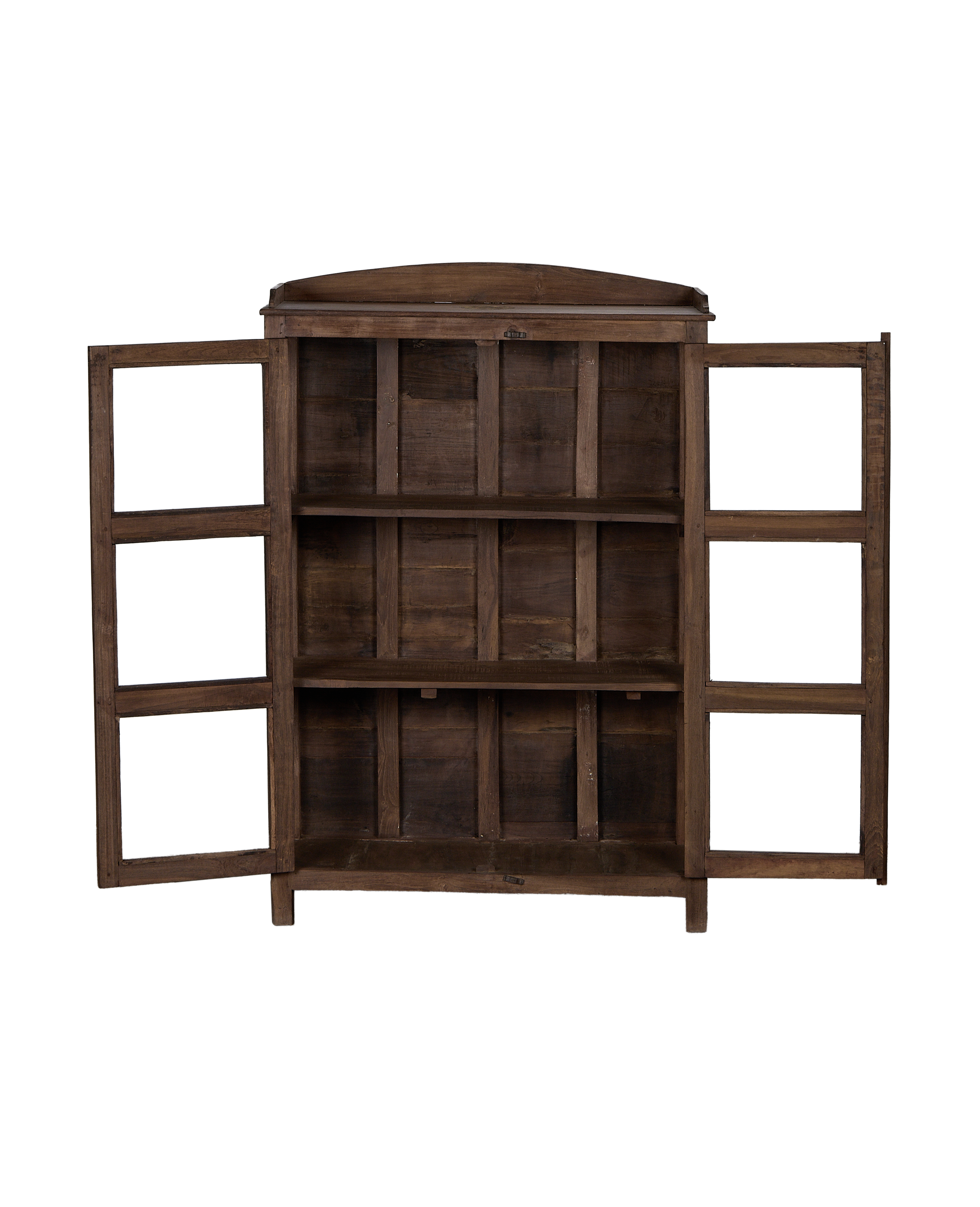 Vintage Indian oak wood cabinet, open doors revealing natural interior shelves.