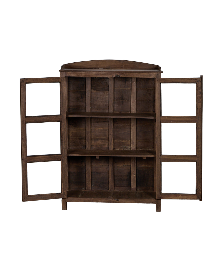 Vintage Indian oak wood cabinet, open doors revealing natural interior shelves.