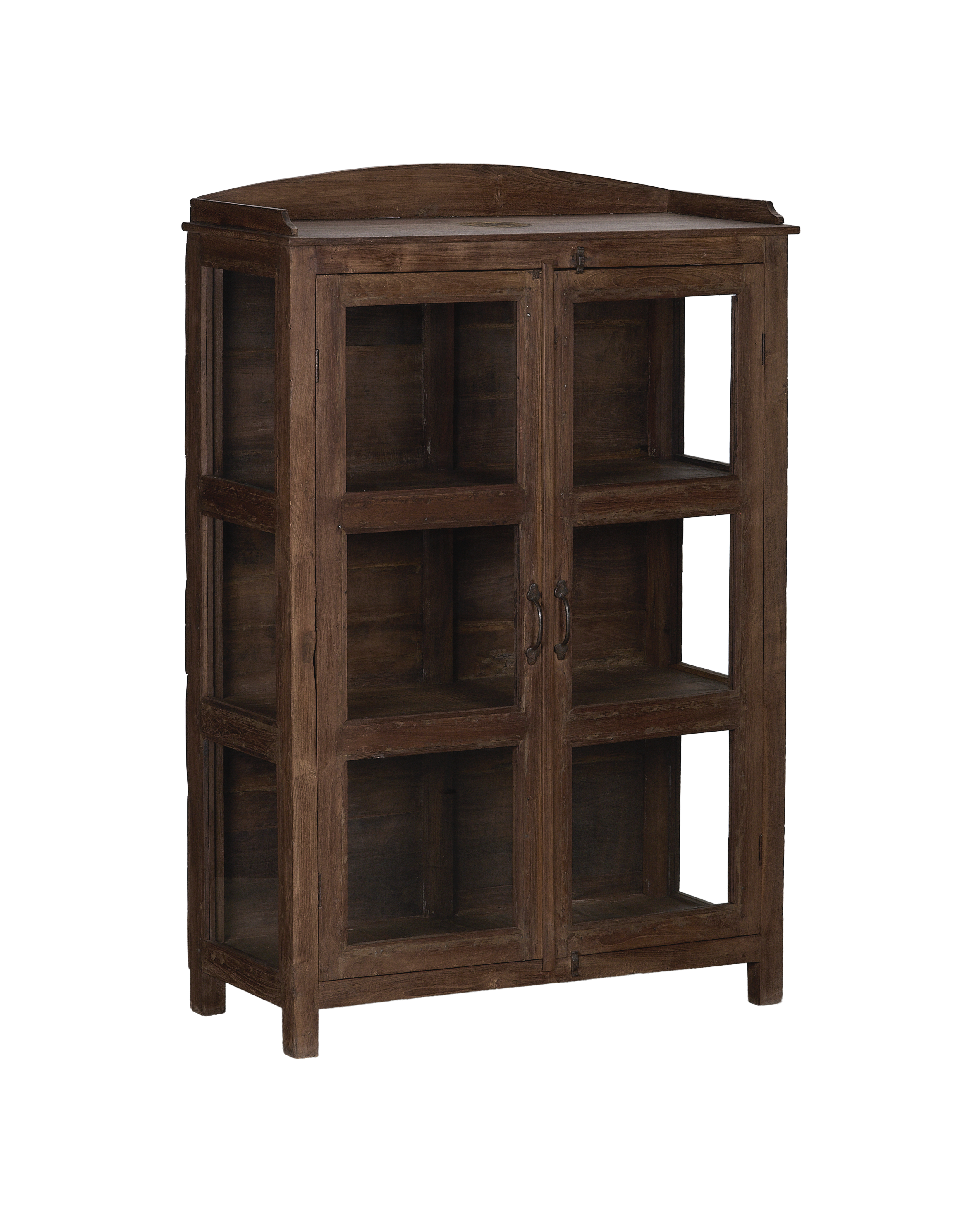 Vintage Indian oak cabinet, full frontal view, showing its natural wood finish and glass doors.