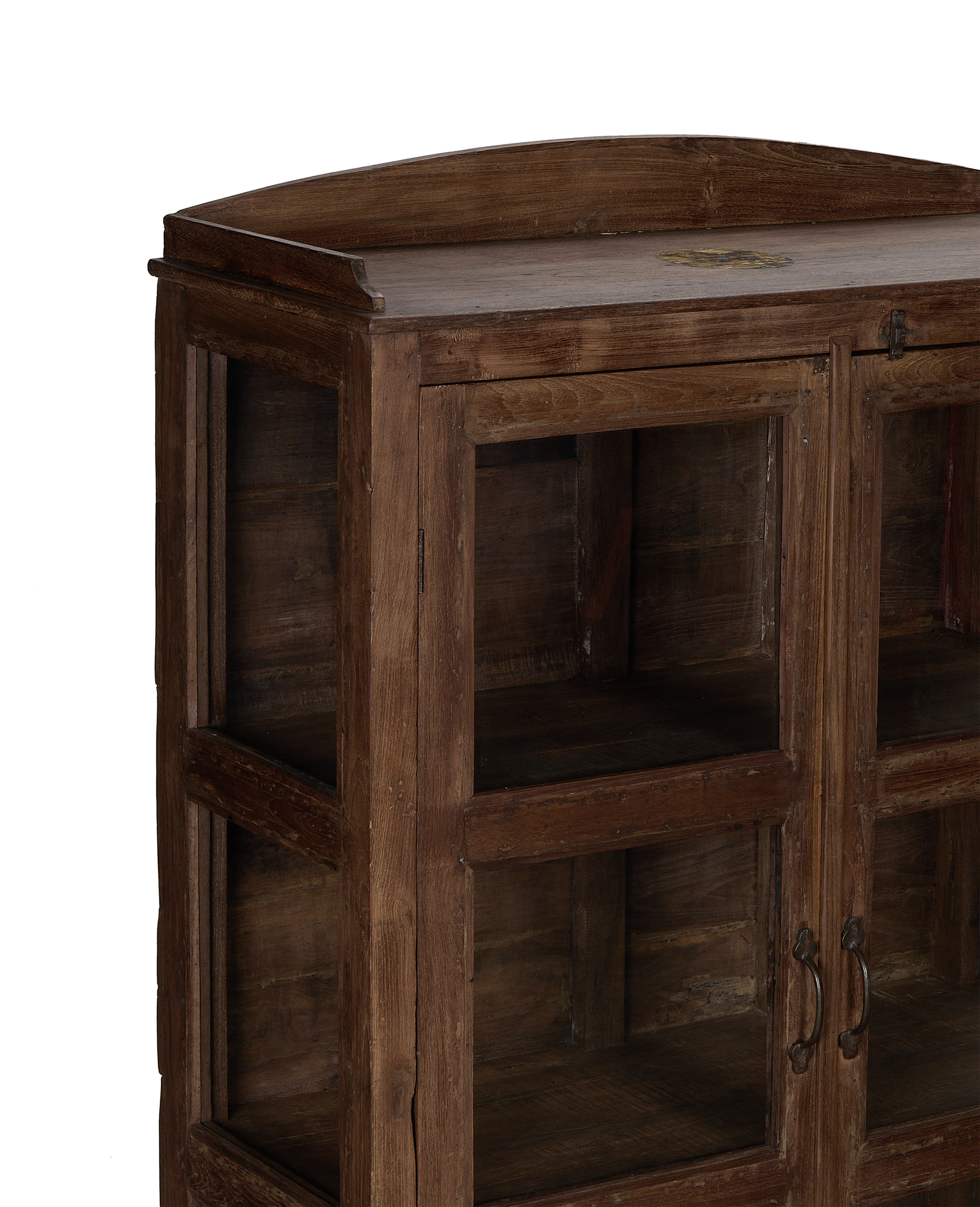 Vintage Indian oak cabinet details, showing imperfections, handles, and glass doors.