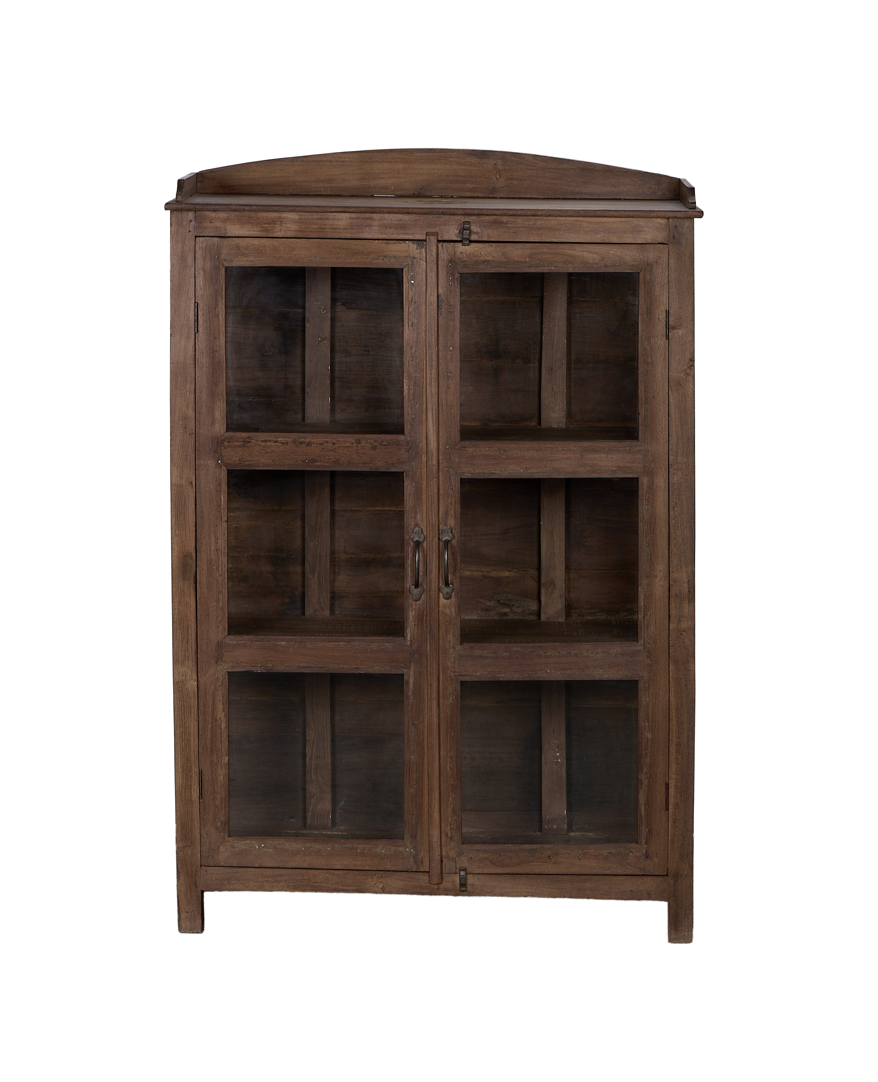 Vintage Indian oak wood cabinet with glass doors, natural finish, and top molding.