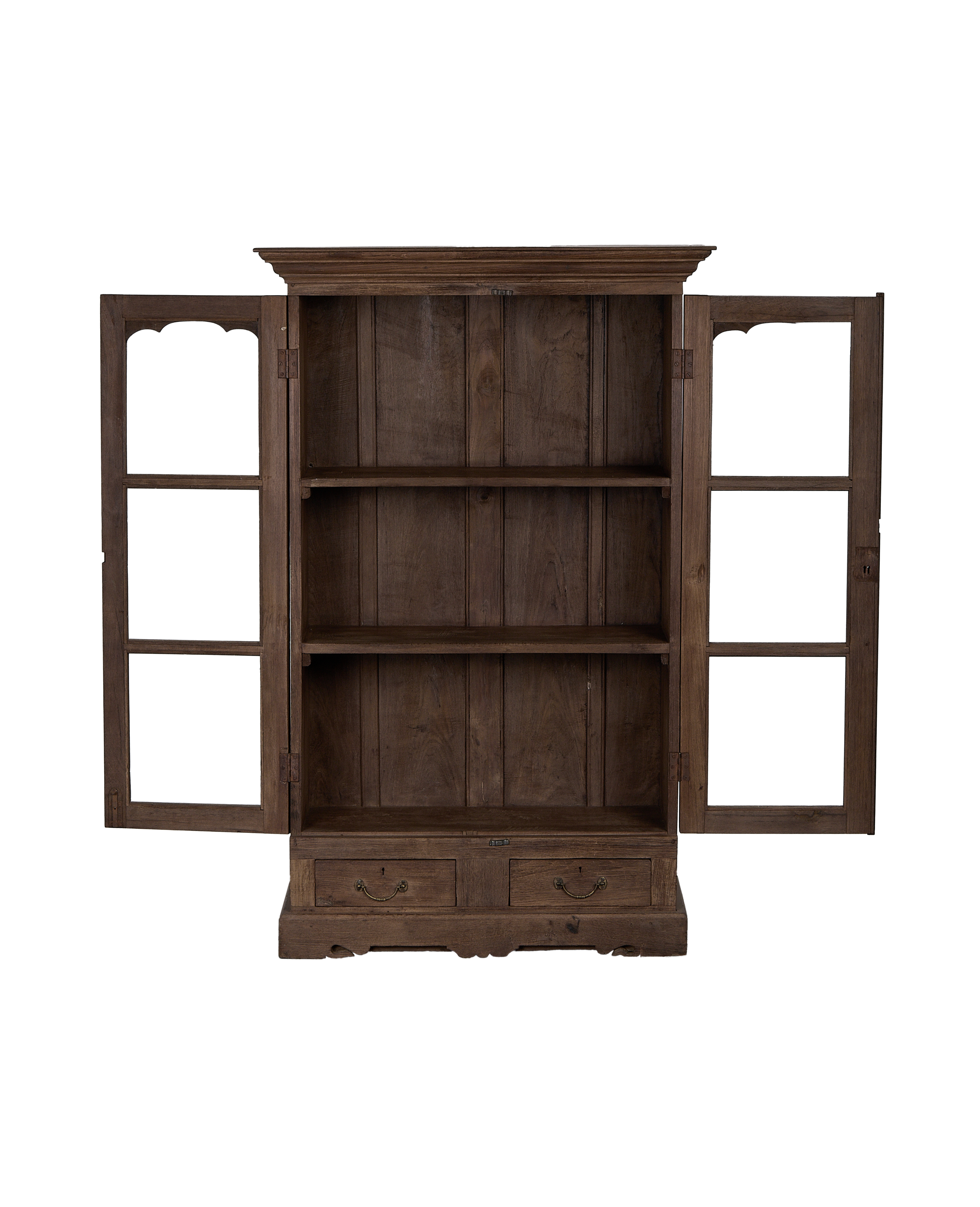 Vintage Indian oak wood cabinet with glass doors open revealing interior shelves.
