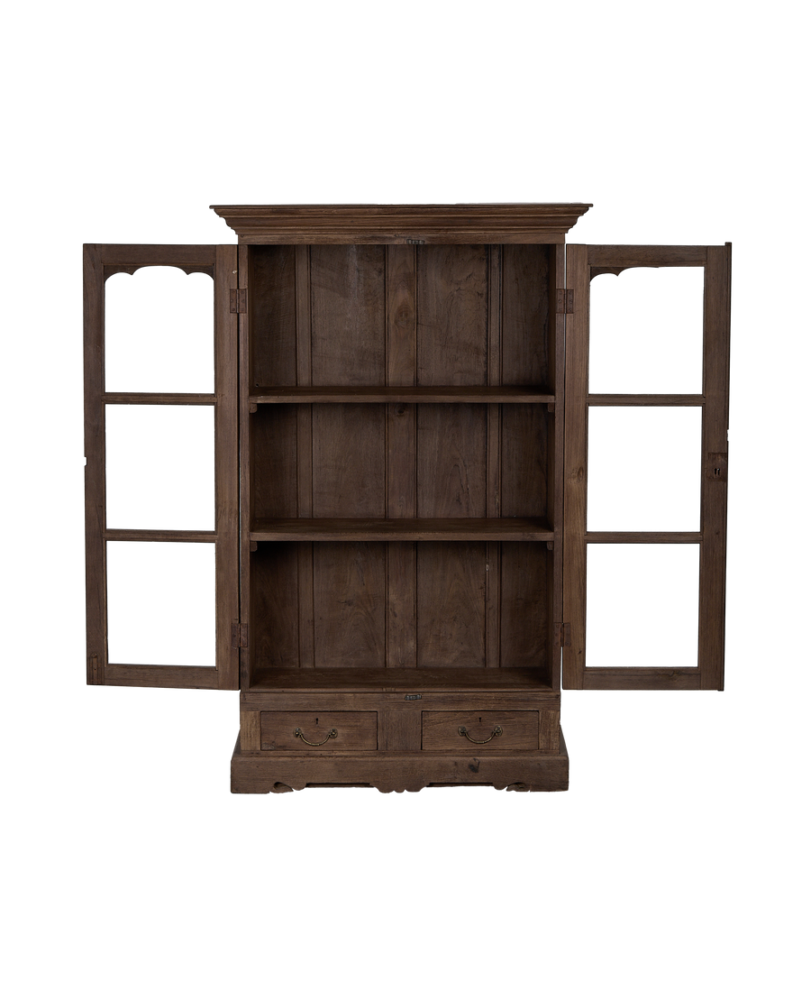 Vintage Indian oak wood cabinet with glass doors open revealing interior shelves.