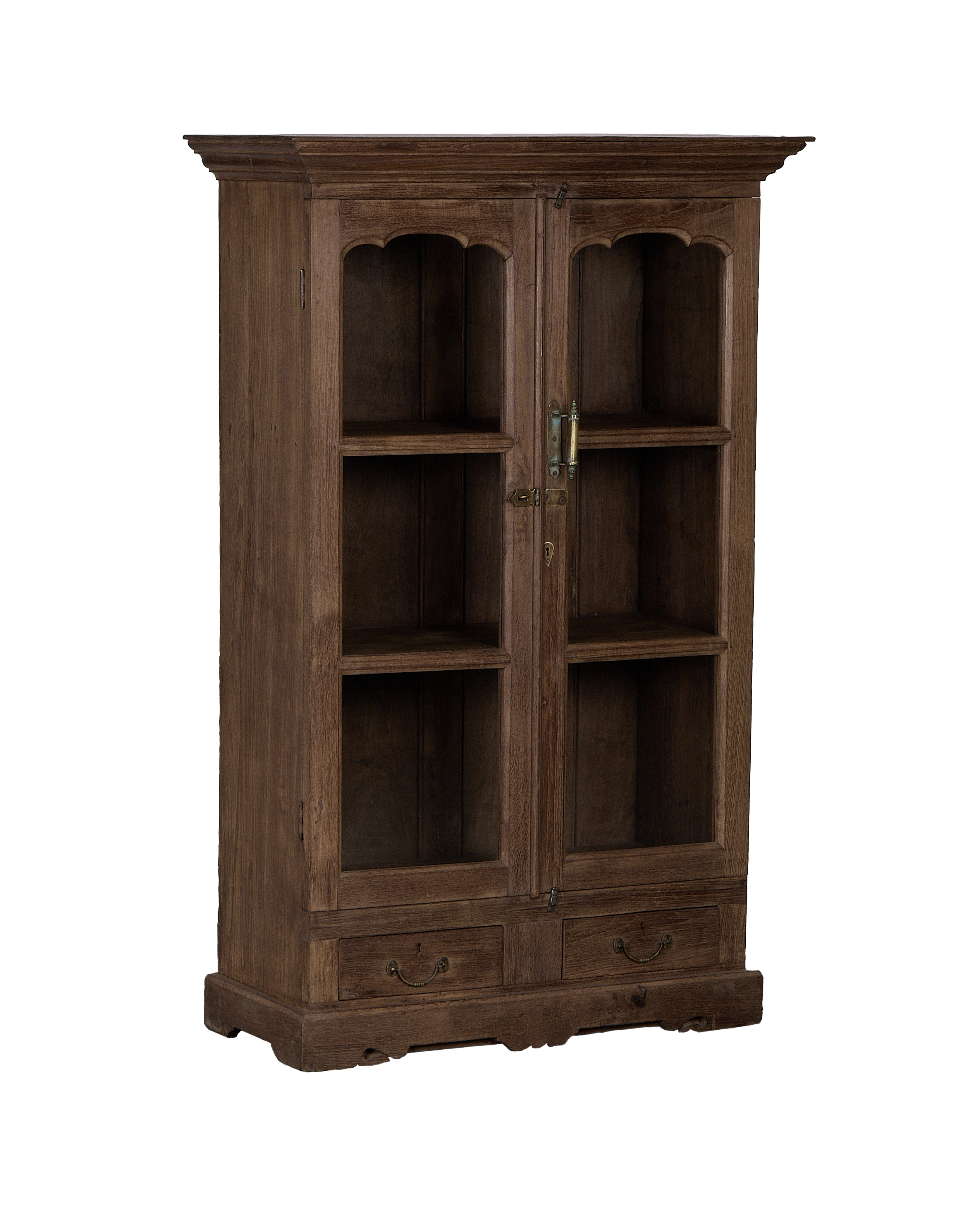 Vintage Indian oak wood cabinet, natural finish, showing intricate hardware and two lower drawers.