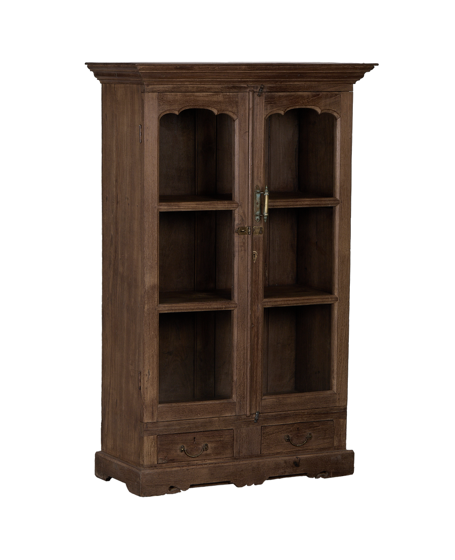 Vintage Indian oak wood cabinet, natural finish, showing intricate hardware and two lower drawers.