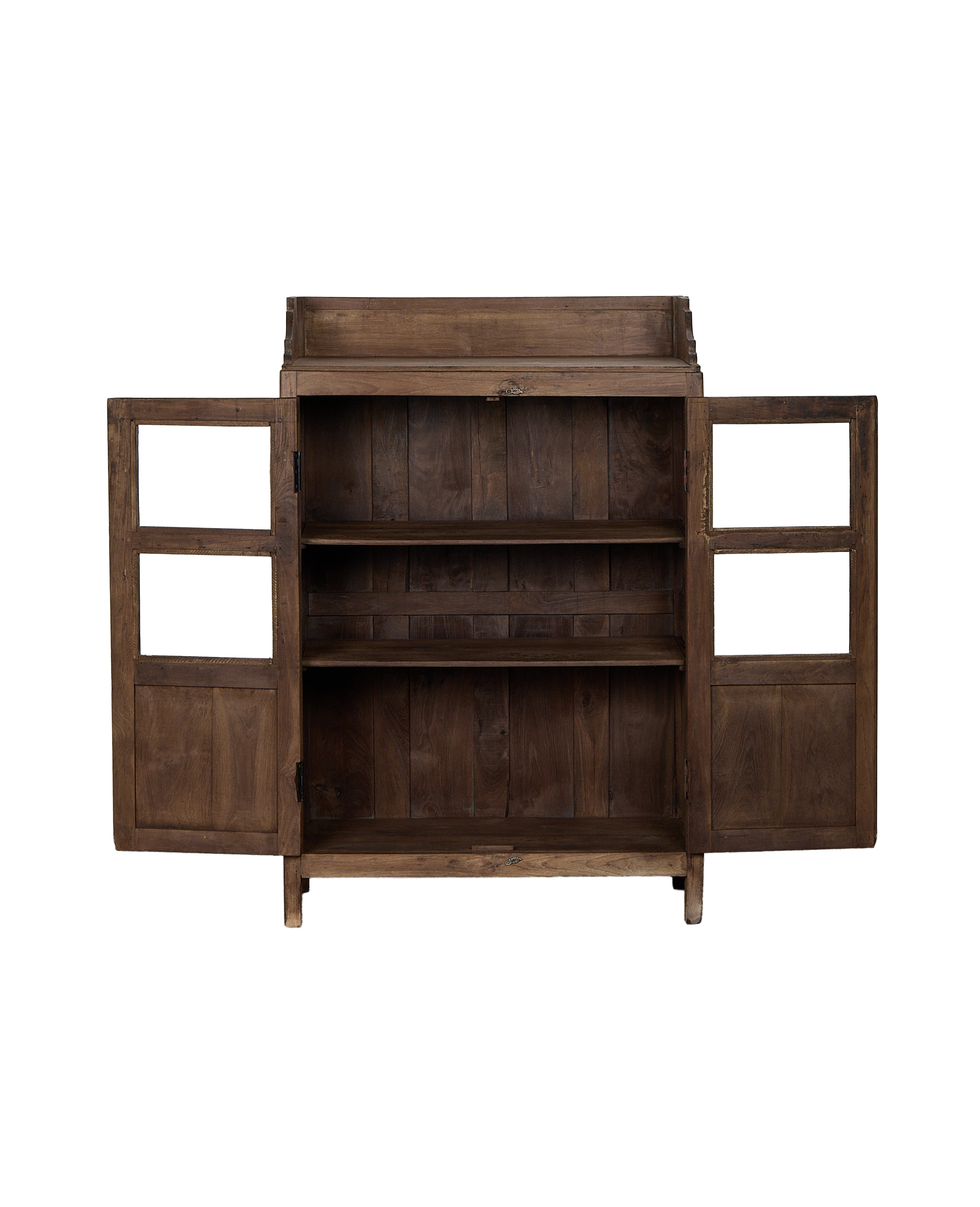 Vintage Indian oak cabinet, doors open showcasing three natural wood shelves.