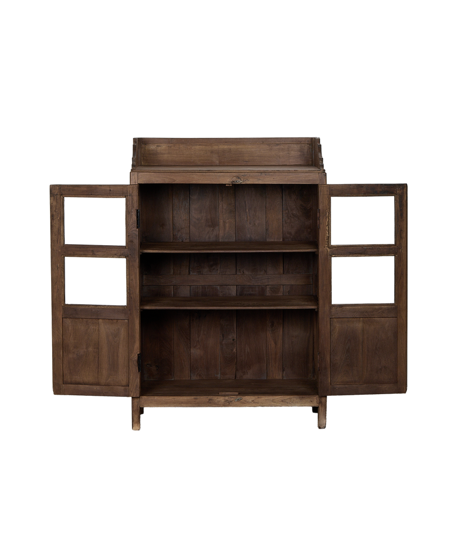 Vintage Indian oak cabinet, doors open showcasing three natural wood shelves.