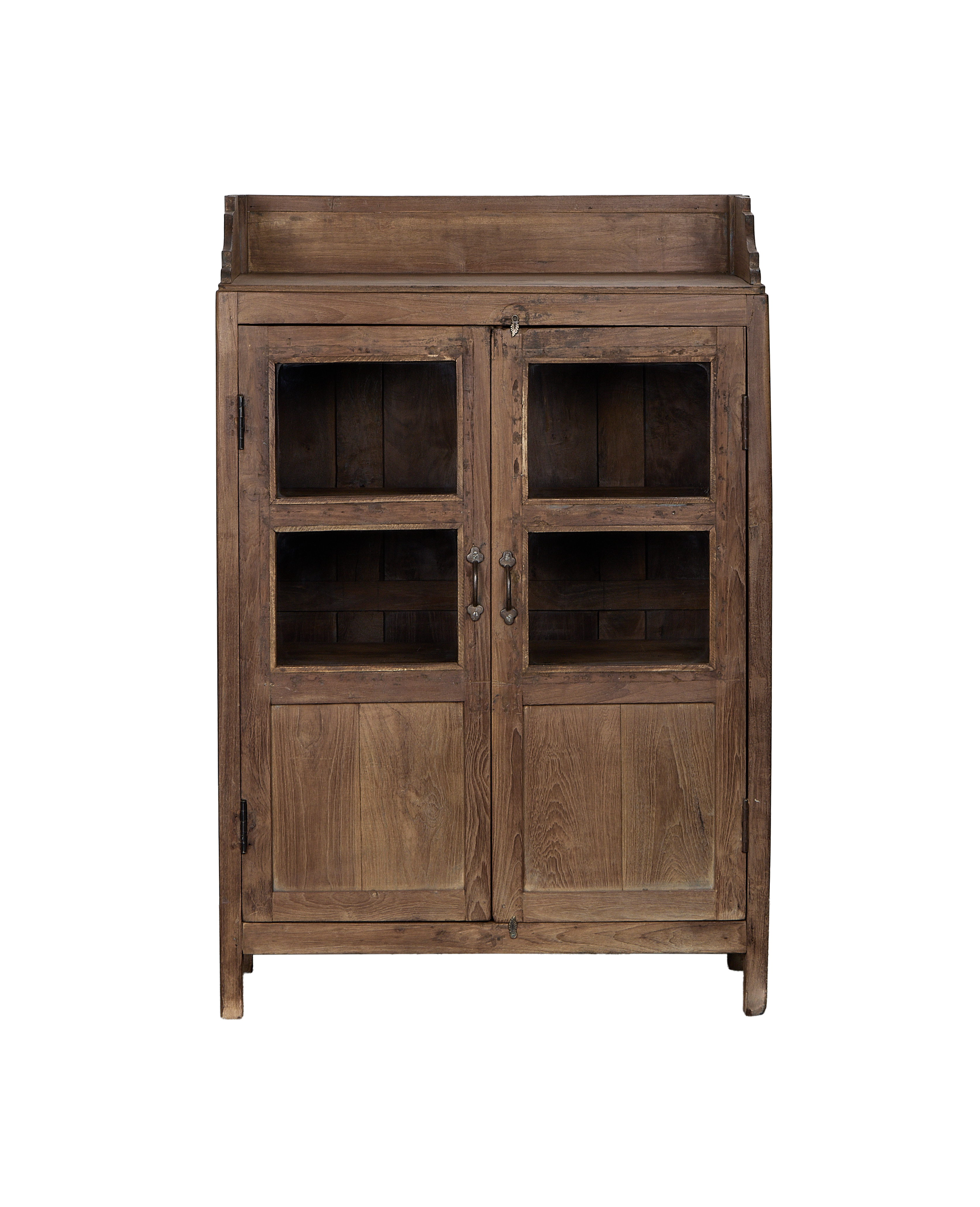 Vintage Indian oak wood cabinet, natural finish, featuring two glass-paned doors.