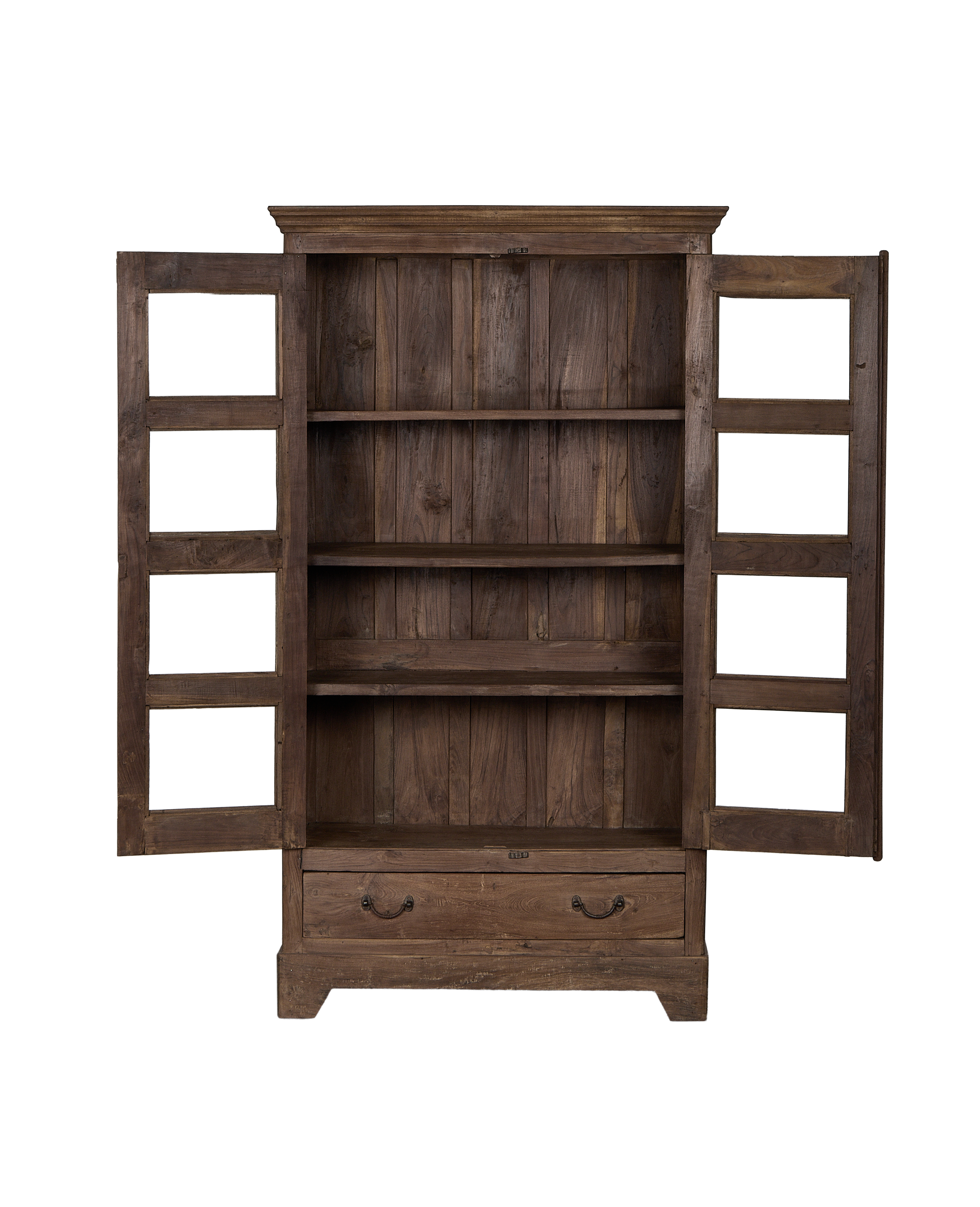 Open vintage Indian oak cabinet showing empty internal shelves and bottom drawer.