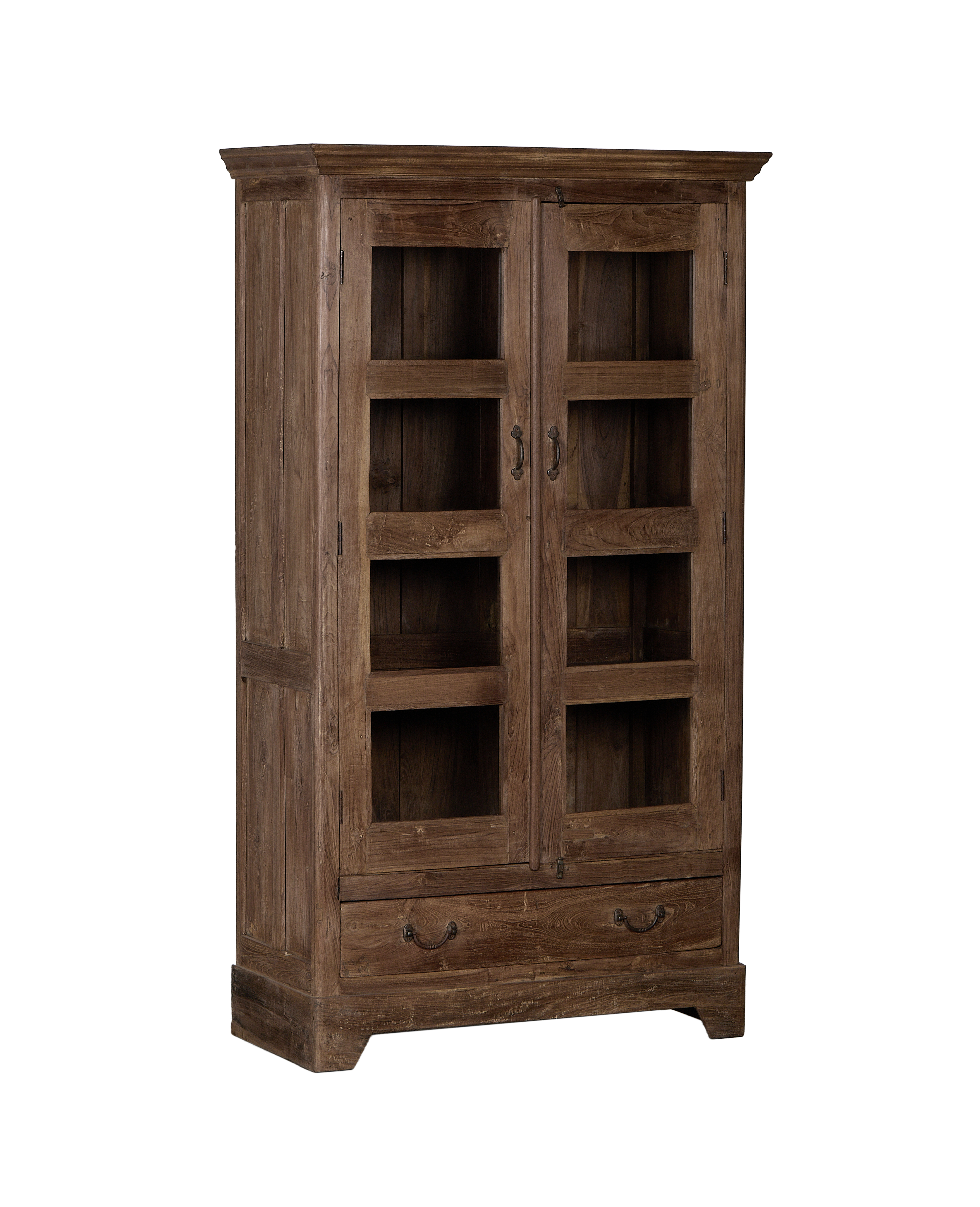 Vintage Indian oak wood cabinet, natural finish, showing glass doors, brass hardware details, and lower drawers.